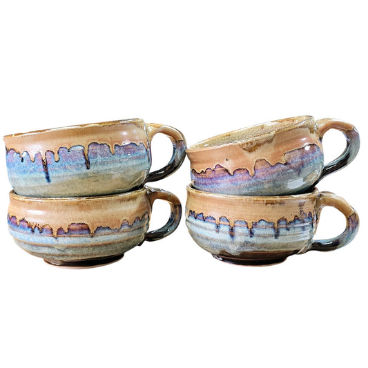 Set of 4 Signed Studio Art Pottery Drip Glaze Stoneware Soup Mug with Handle Coffee / Cappuccino Mug