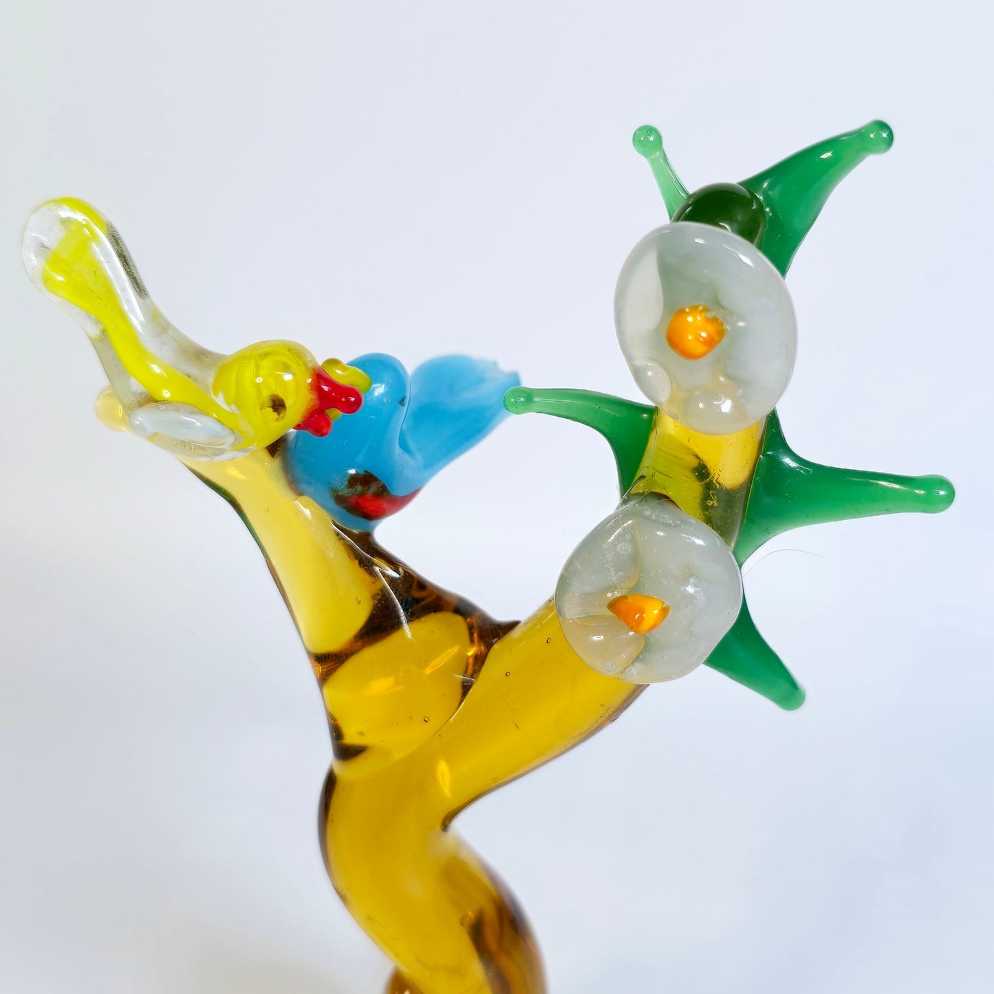 Handblown Art Glass Tree with 2 Glass Birds, Blue and Yellow, Stretched Glass Birds in Tree