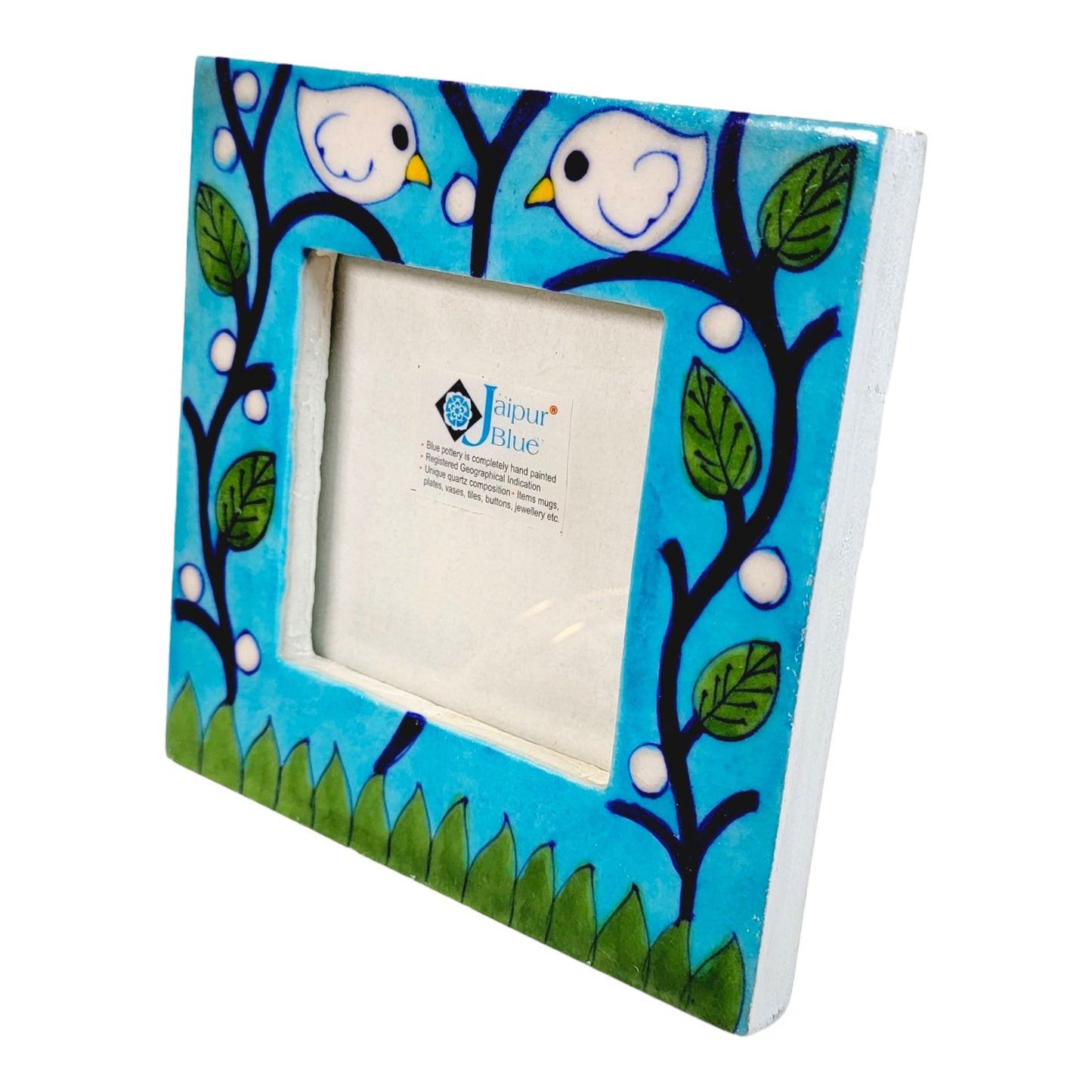 Handpainted Jaipur Blue Pottery Photo Frame, White Birds on Branch