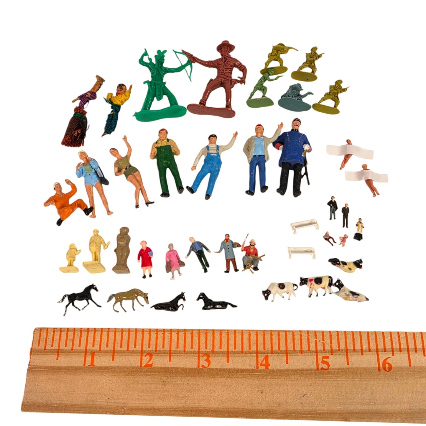 Vtg 41 Pc Miniature Figurine Collection Train Railroad Village Diorama People Animals Mixed Lot