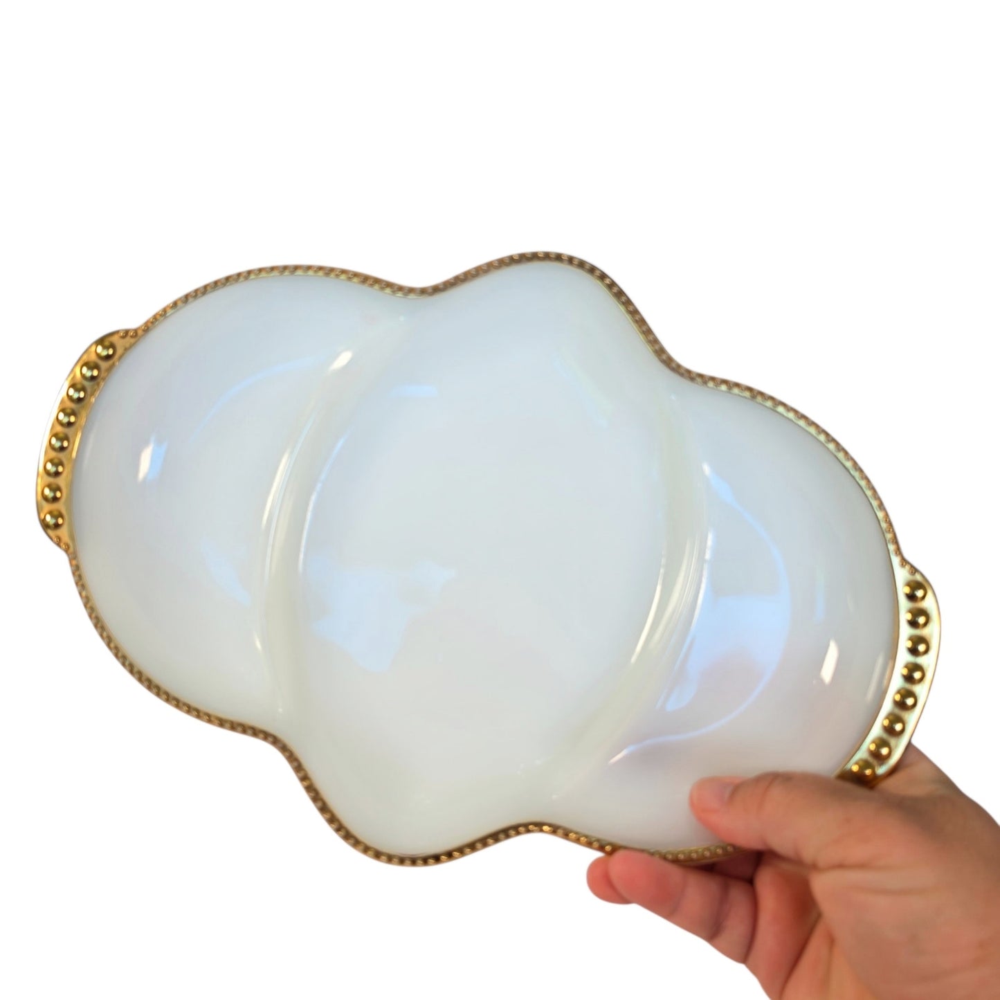 Vtg Fire-King Milk Glass Divided Relish Dish 22K Gold Trim Vanity Recency MCM