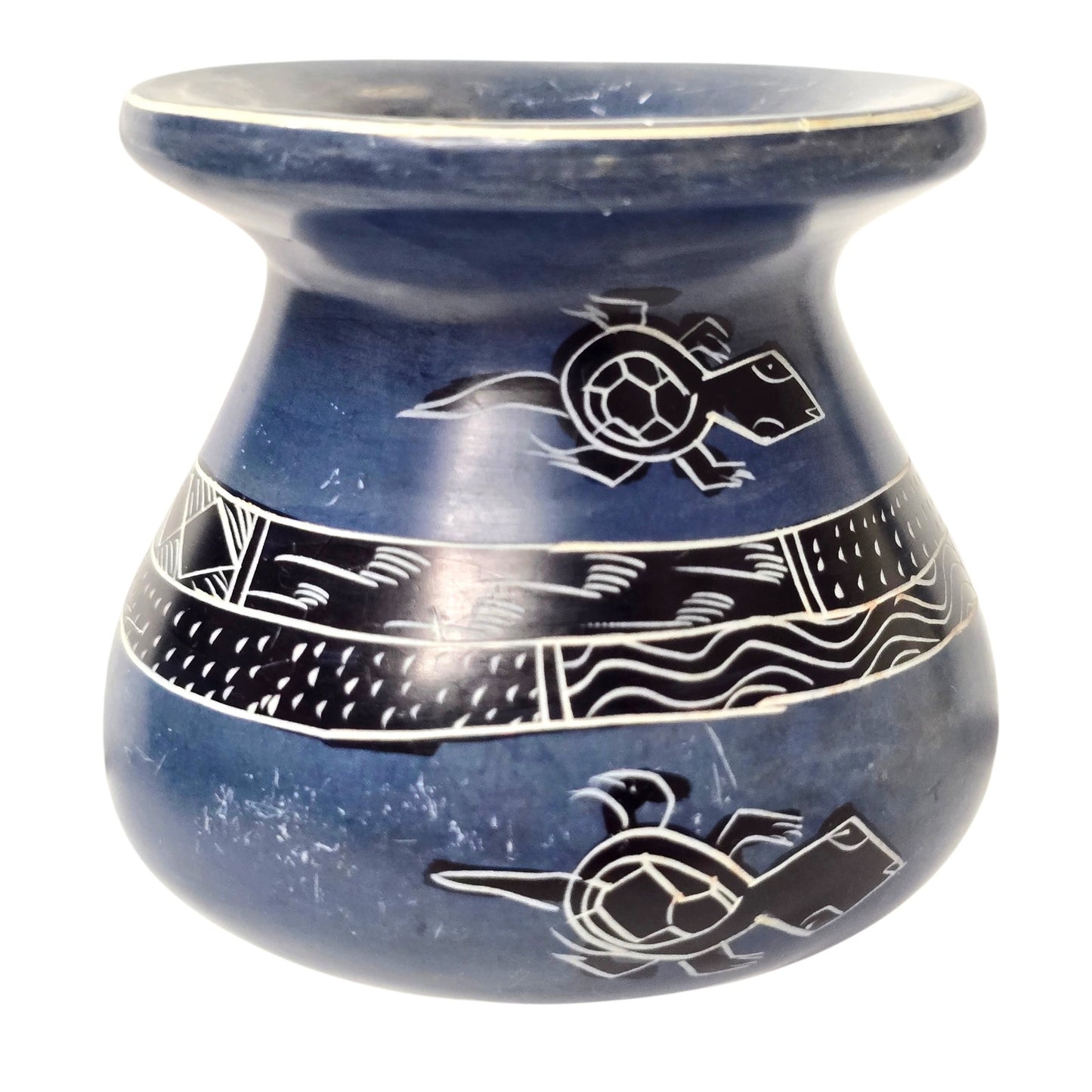 Soapstone Turtle Vase Carved Tribal Etched Animal Motif Decorative Collectible