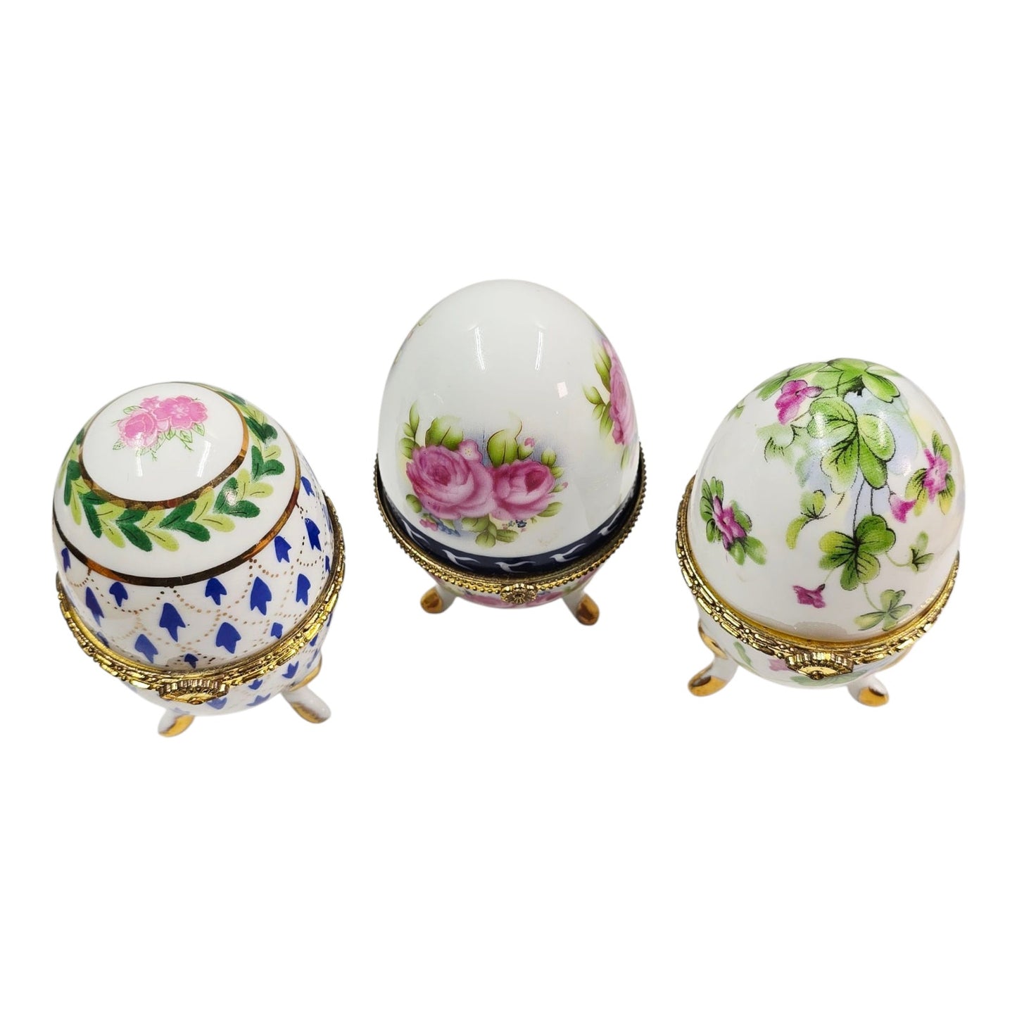 Set of 3 Vintage Porcelain Footed Egg Trinket Boxes Hinged Floral Tripod Base