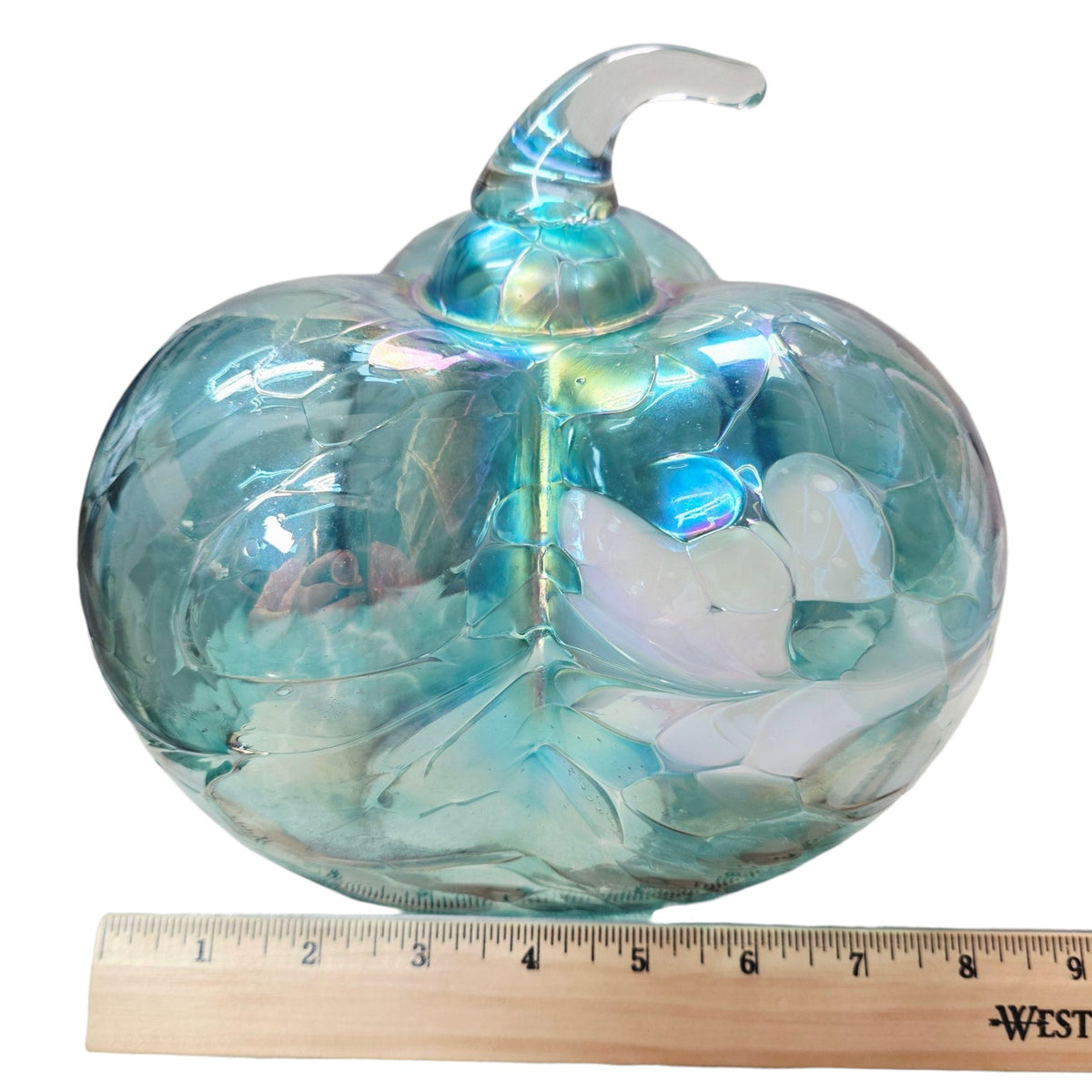 Iridescent Aqua Blue Art Glass Pumpkin White Swirl Sculptural Decor 8"