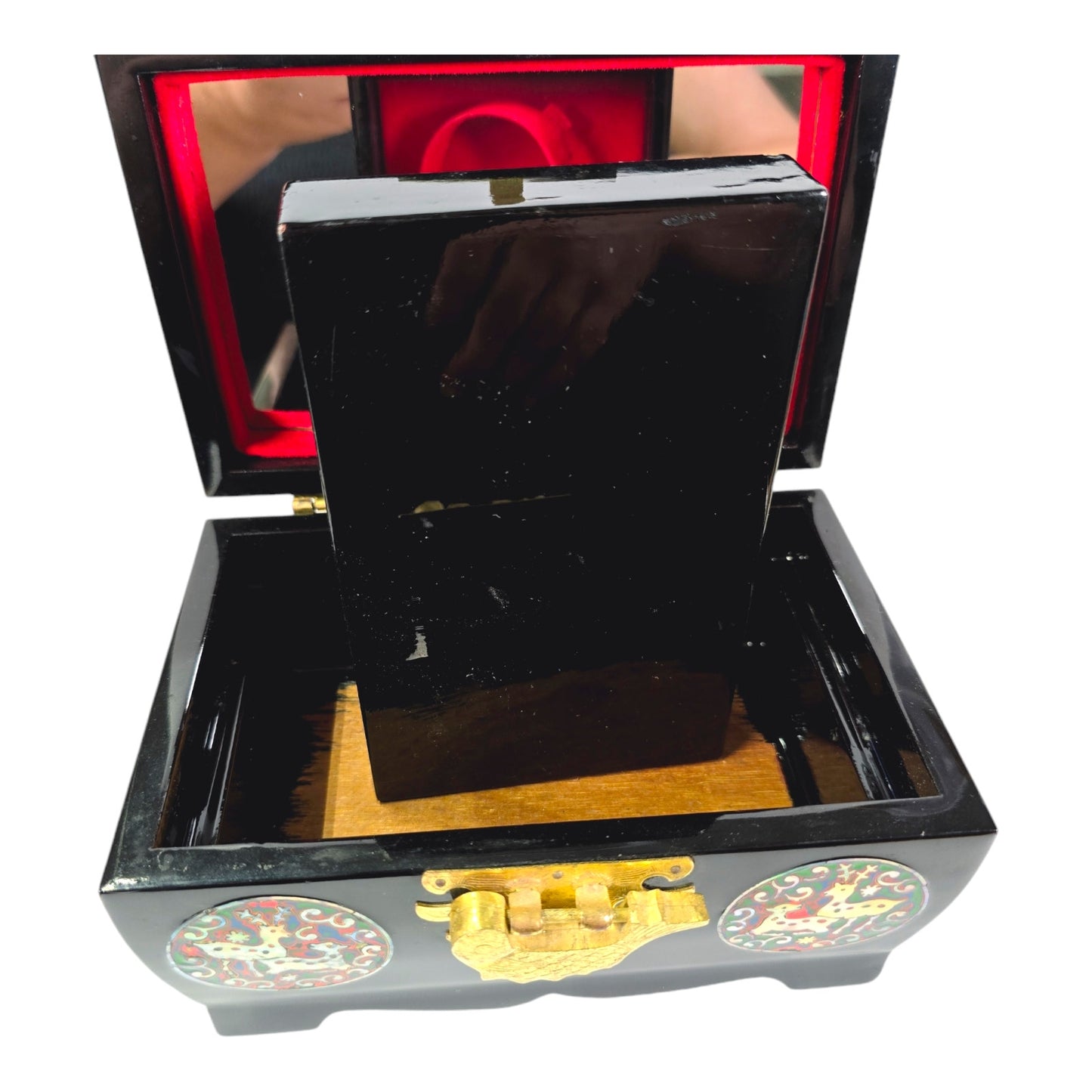 Asian Black Lacquer Mother of Pearl Inlay Jewelry Box, Deer Fawn, Mirrored, 7" W