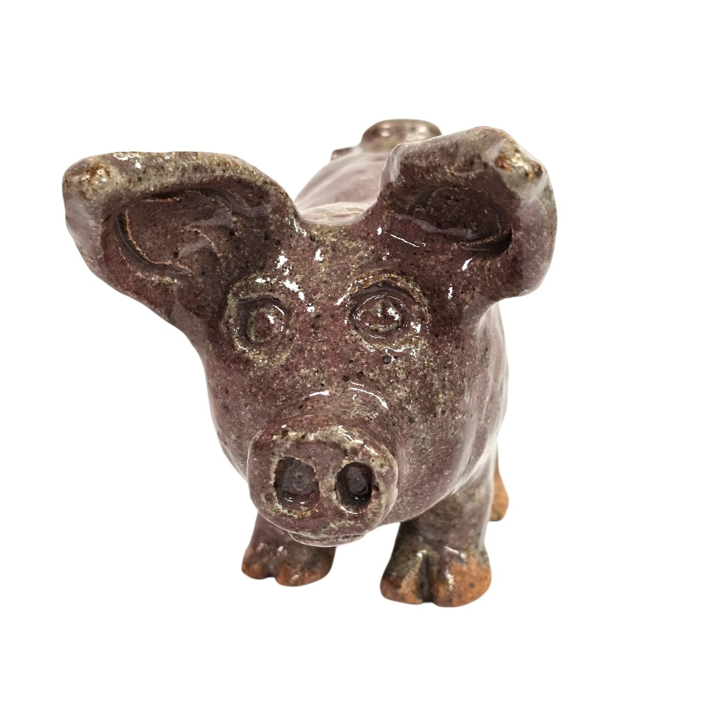 Vintage Studio Art Pottery Pig Figurine Signed BA Primitive Brown Glazed Clay