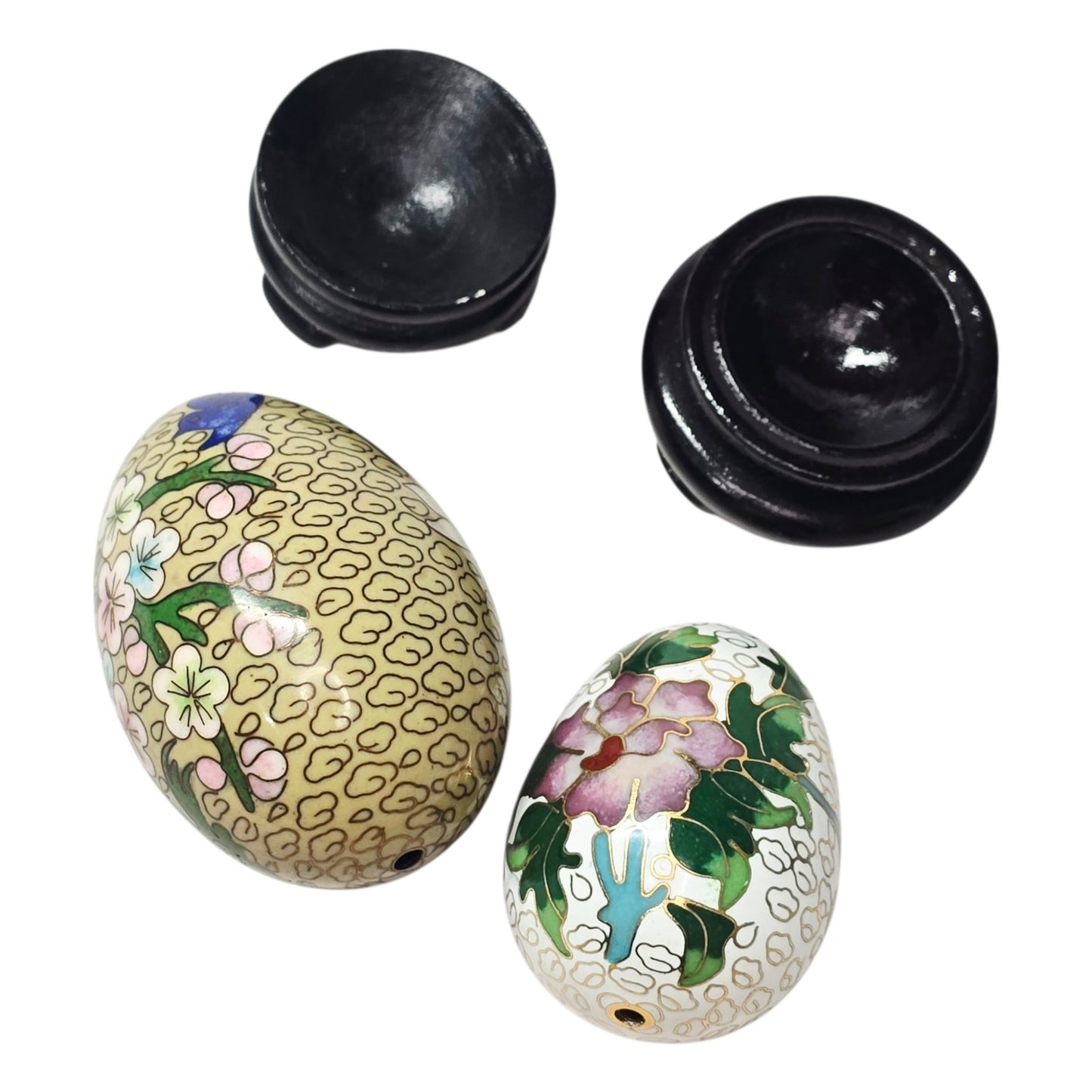 Vtg Chinese Cloisonné Enamel on Brass Eggs on Wooden Stands Set of 2 Floral Bird