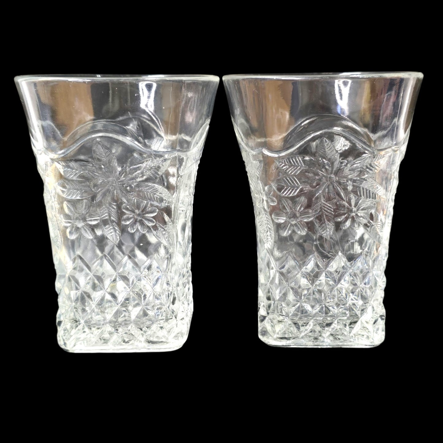 AS IS Vtg Pressed Glass Tumblers Pair 4" Daisy Diamond Pattern Clear Square Base