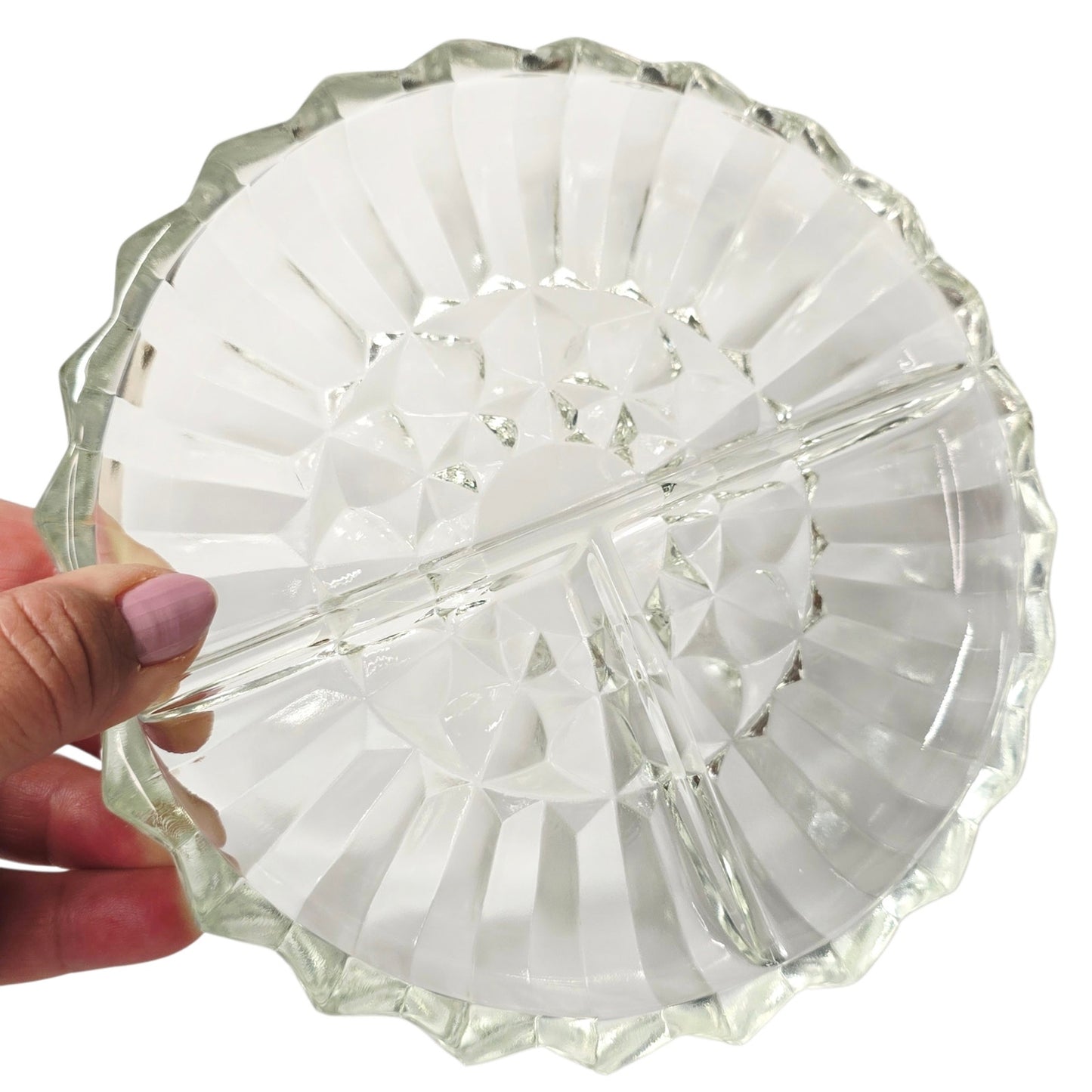 Vintage Pressed Glass Divided Relish Dish Clear Sunburst Pattern AS IS Read