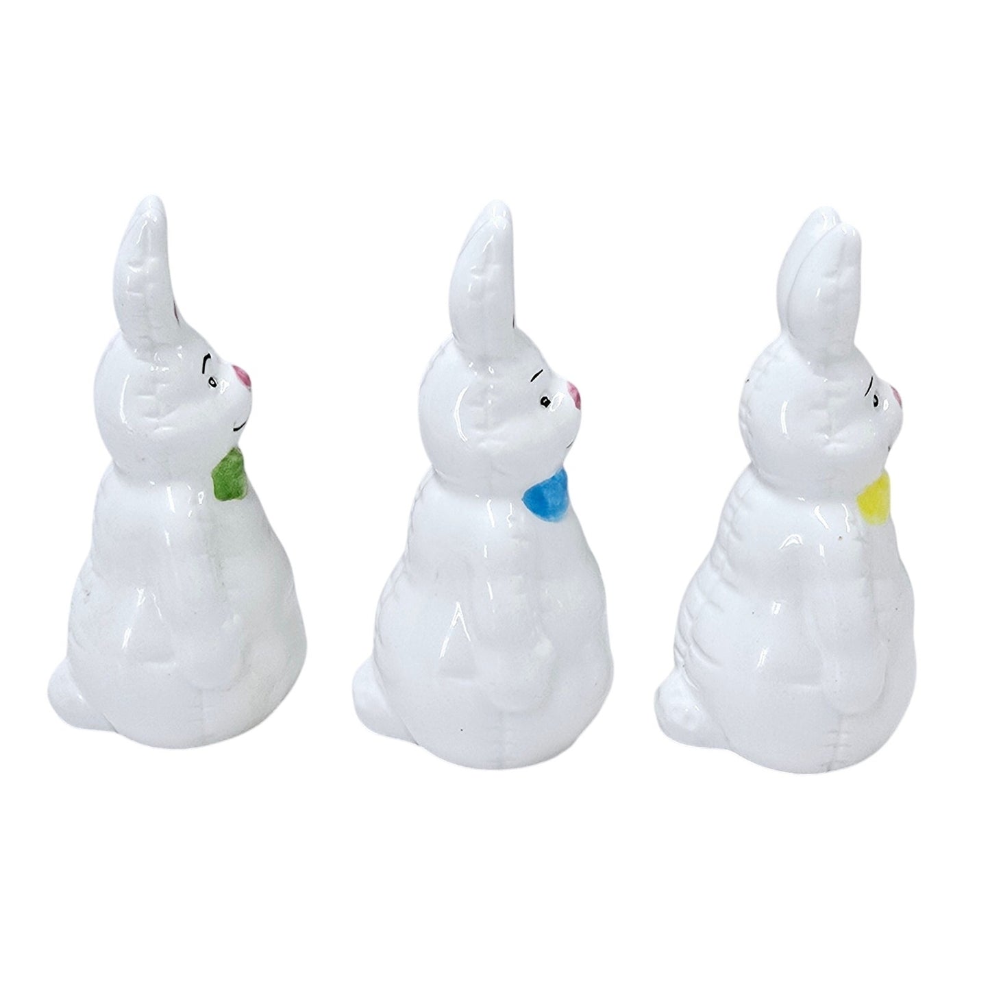 Set of 3 Vintage Ceramic Easter Bunny Figurines Hand Painted Rabbits with Bows