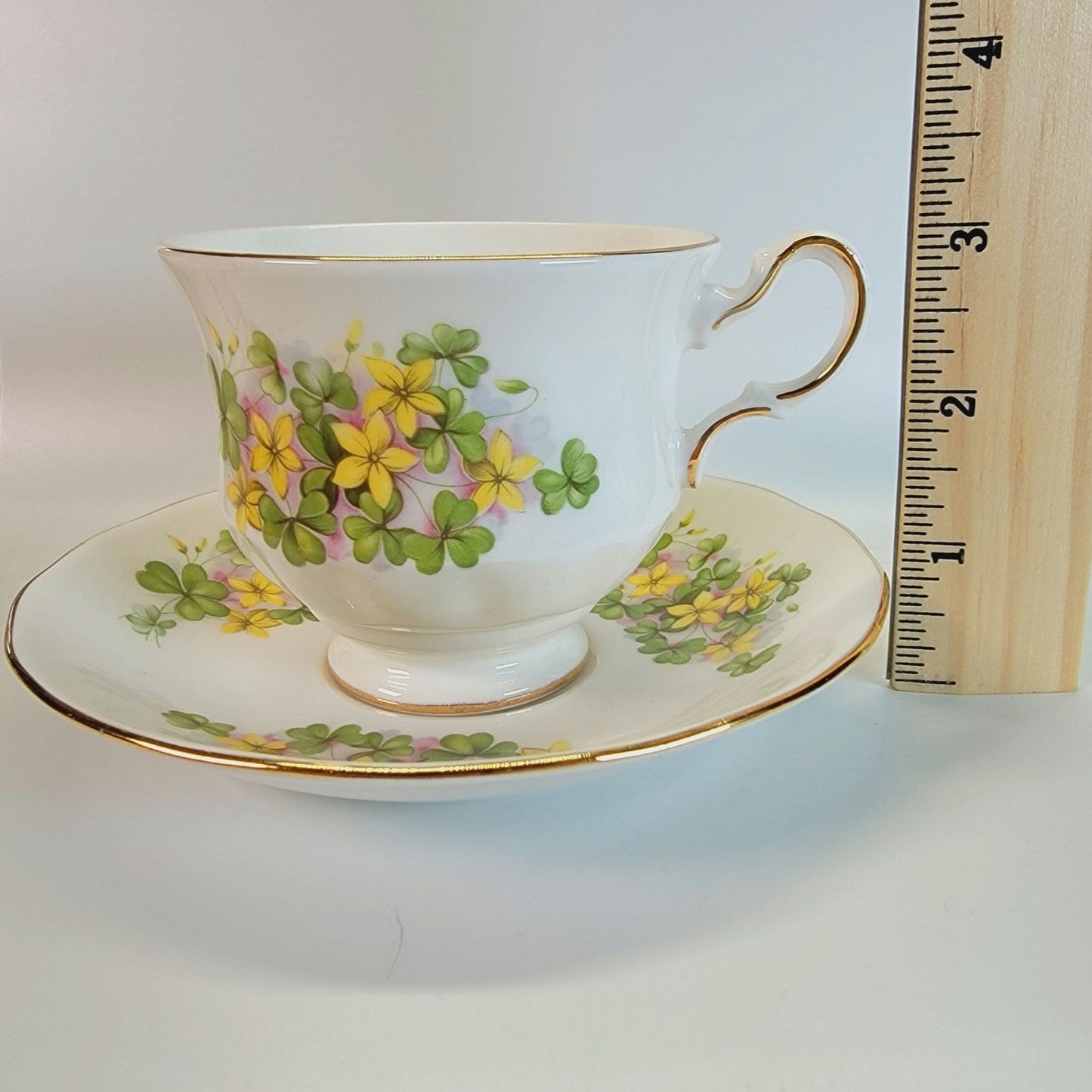 Queen Anne Teacup & Saucer Bone China, Made in England, Yellow Flowers & Clovers