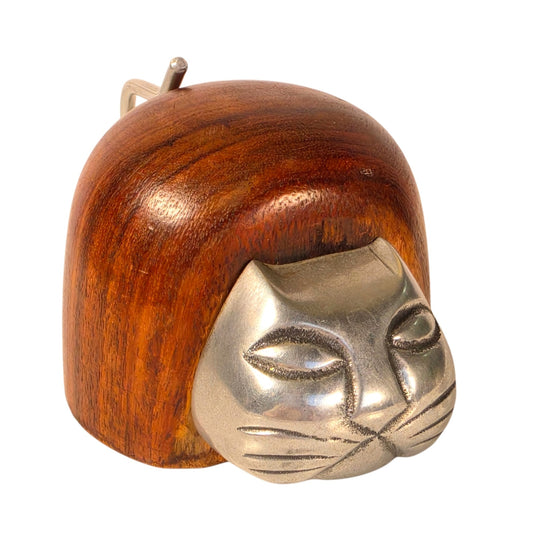 Vintage Wooden Cat Figurine Paperweight Metal Face India Boho Eclectic