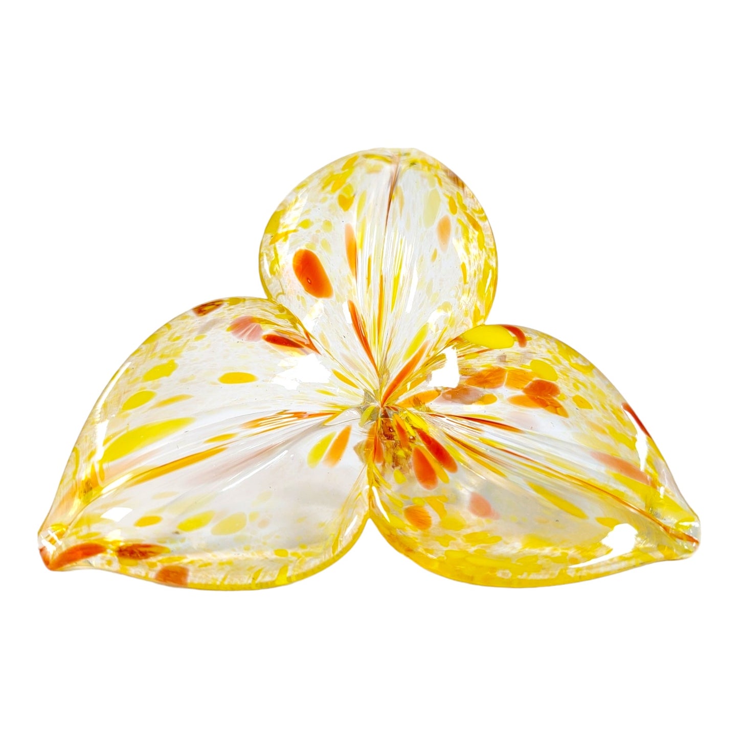 Hand-Blown Art Glass Flower with Stem in Yellow and Orange Flower, 3 Leaf Flower- Noneya