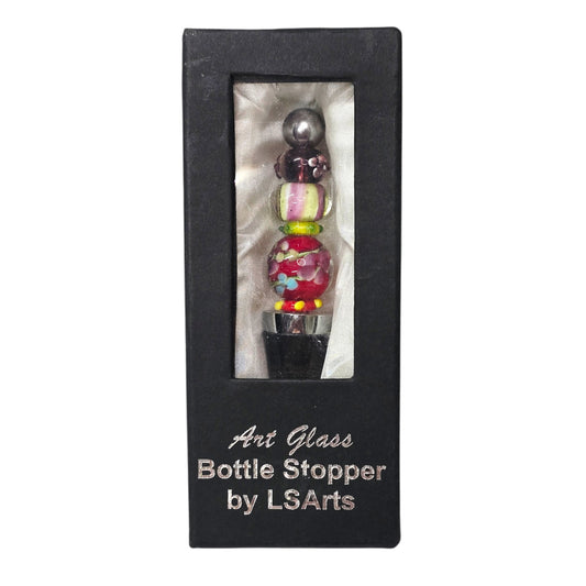 Bottle Stopper Blue Green Red Art Glass Bead Style Chrome Rubber BoHo Wine 5"