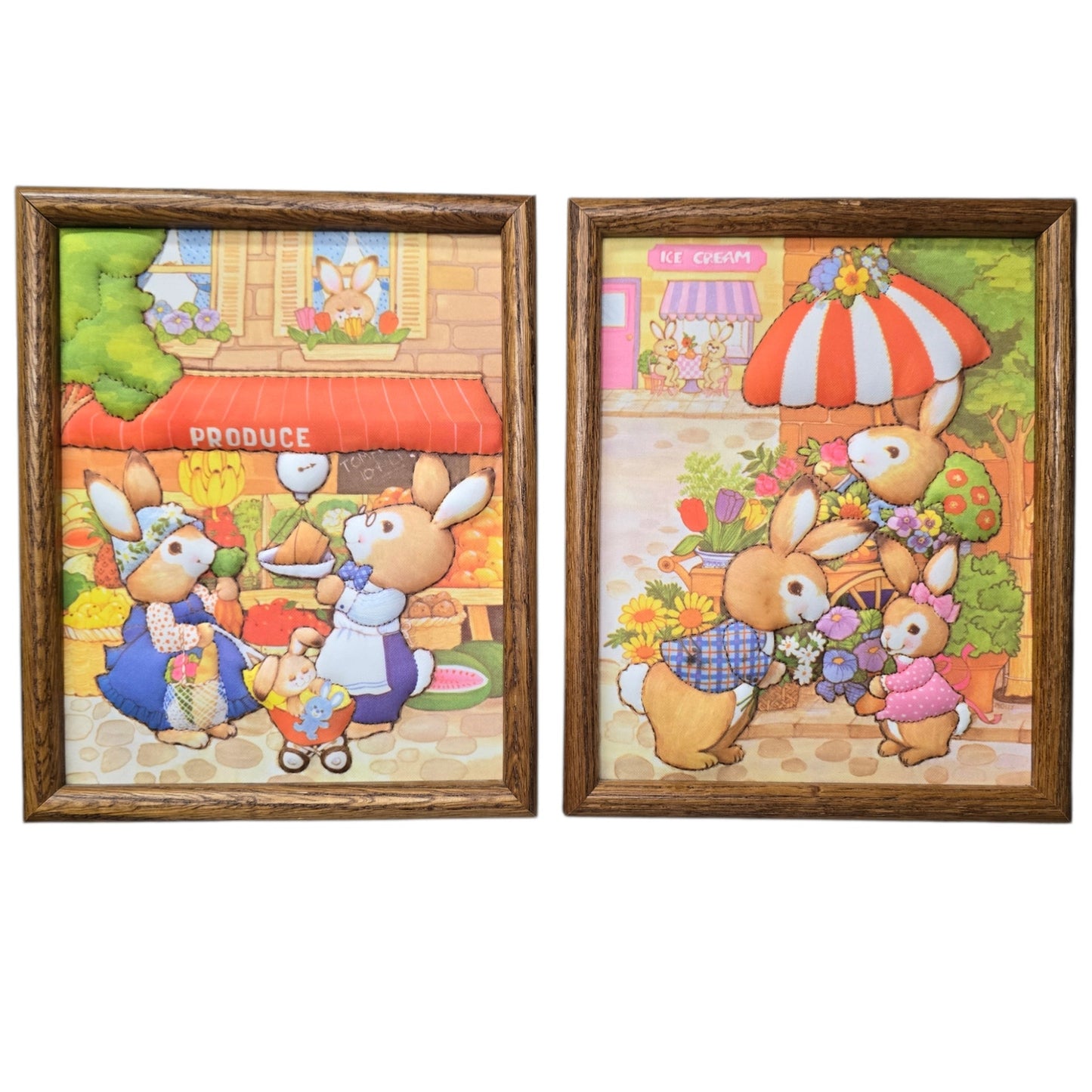 Vtg 3D Fabric Art Bunny Scenes Set of 2 Framed Produce Flowers Ice Cream Nursery
