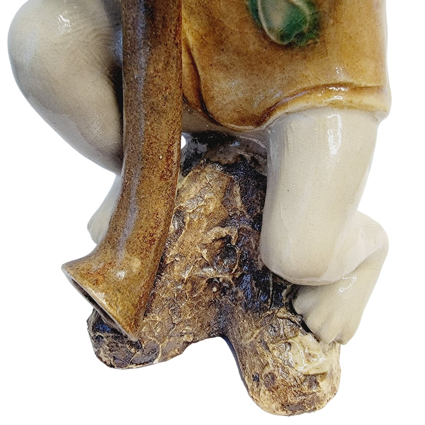 Vtg Signed Asian Rabbit Figurine Playing Long Horn Pottery Seal Mark MCM 8.5"