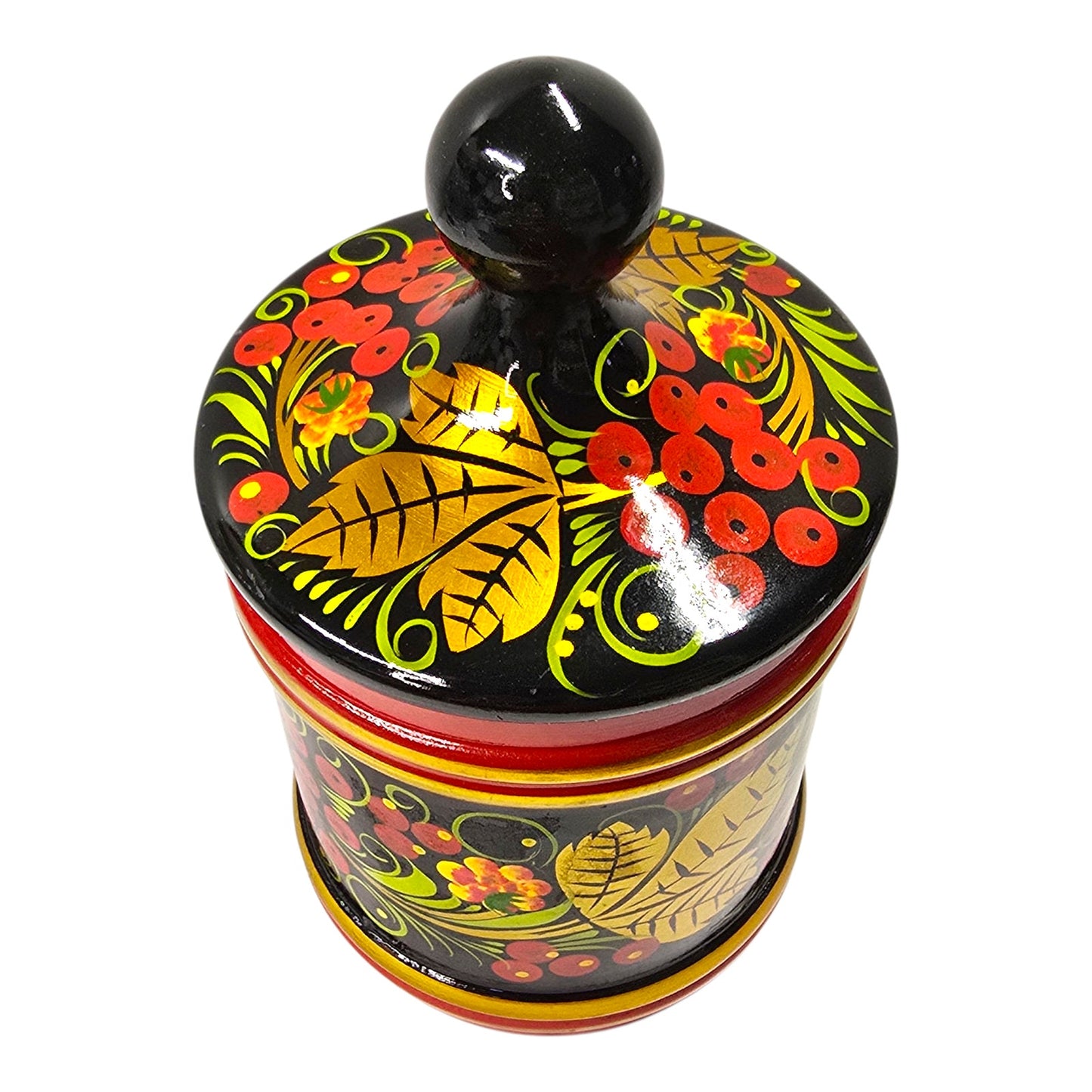 Vtg Russian Khokhloma Painted Wooden Lidded Jar Black Red Gold Floral Folk Art