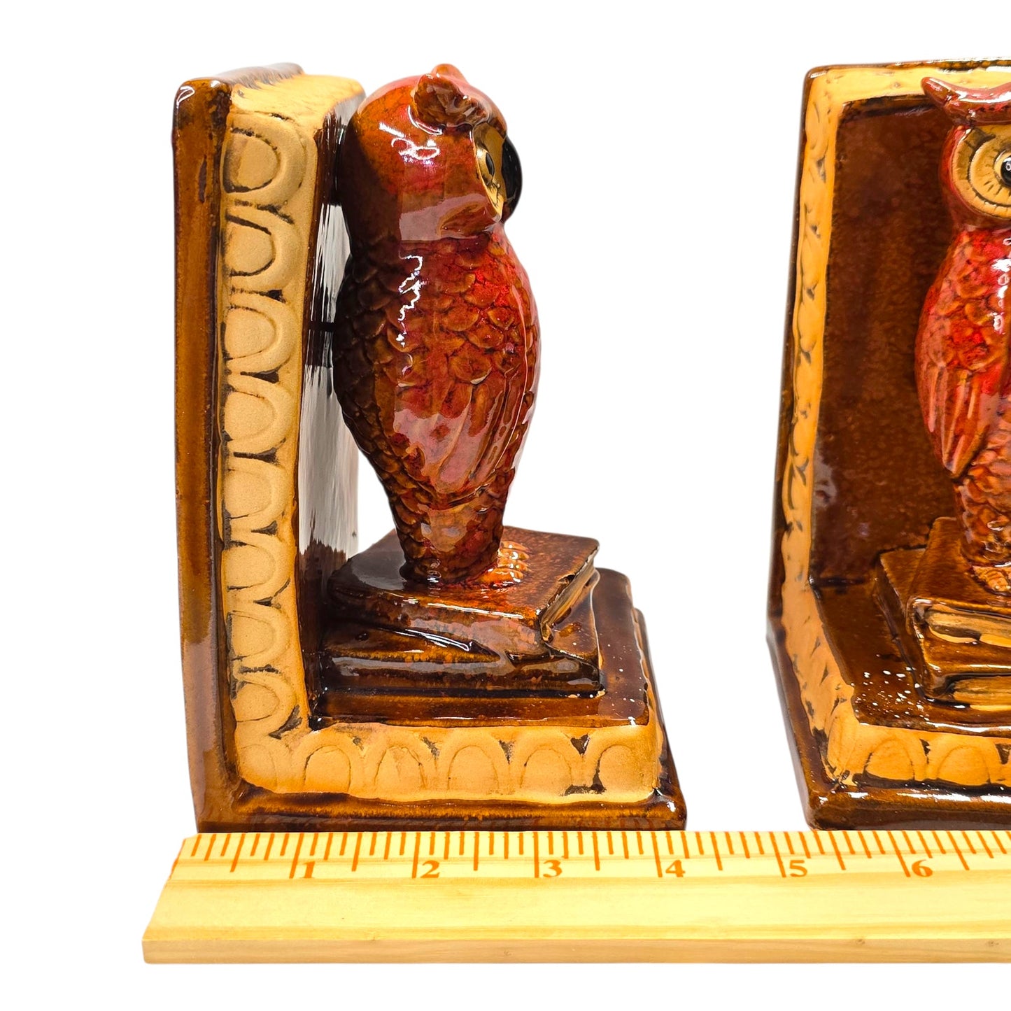 Vtg Ceramic Owl Bookends Great Horned Owl Red Glaze Owls on Books Retro Fall MCM
