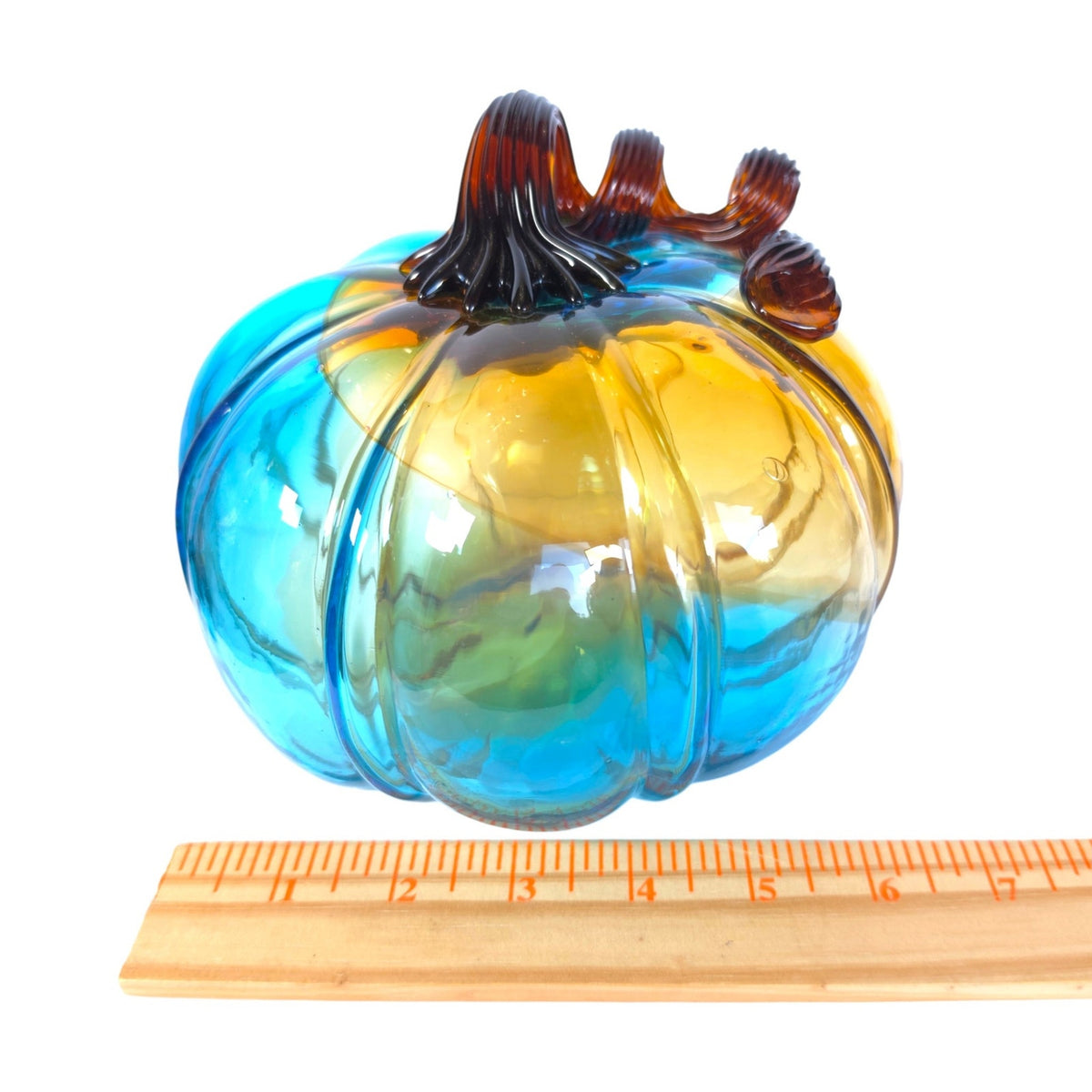 Hand Blown Art Glass Pumpkin Turquoise Blue Amber Brown Curly Stem Fall Decor