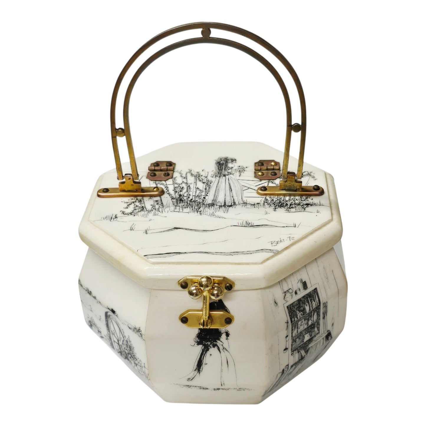 Vintage 1972 Beki Signed Wooden Box Purse Decoupage Hand Painted Octagon Rare