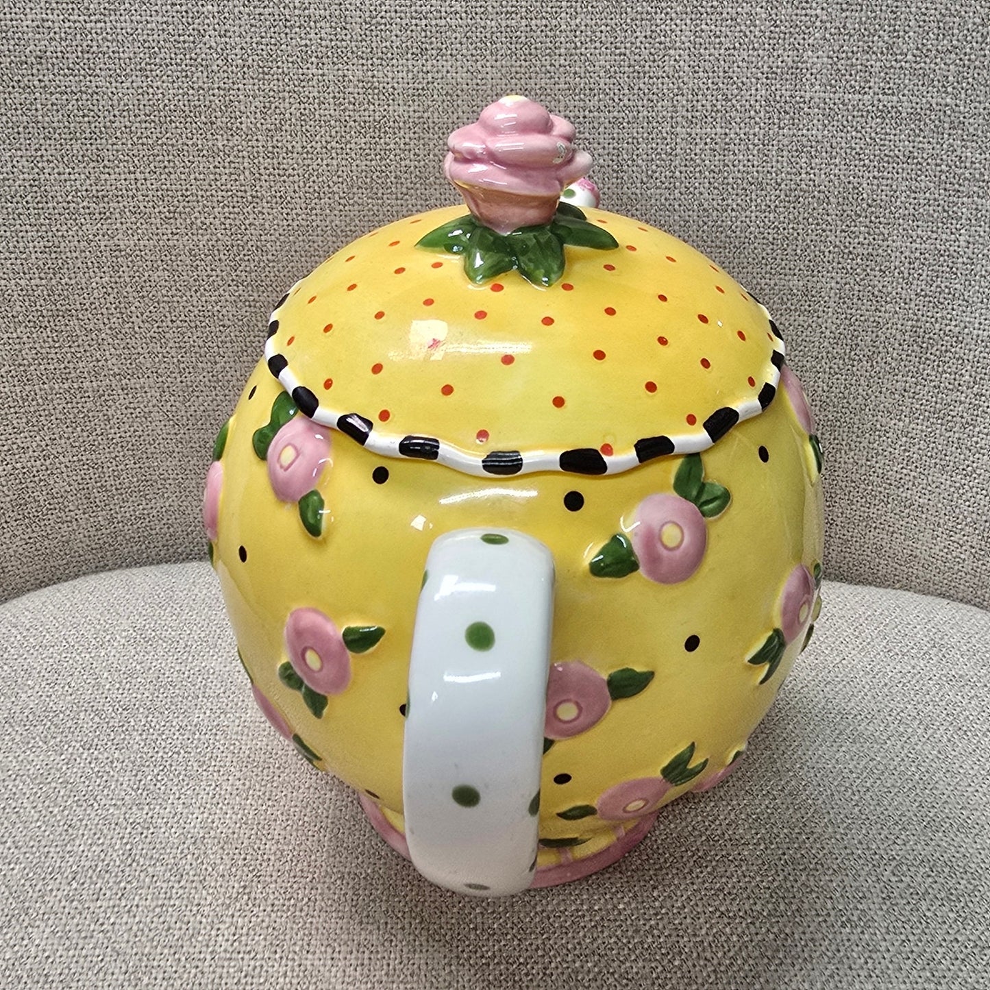 AS IS VTG 1997 ME Mary Engelbreit Ceramic Teapot, Yellow Pink Flower 8”, Flaw