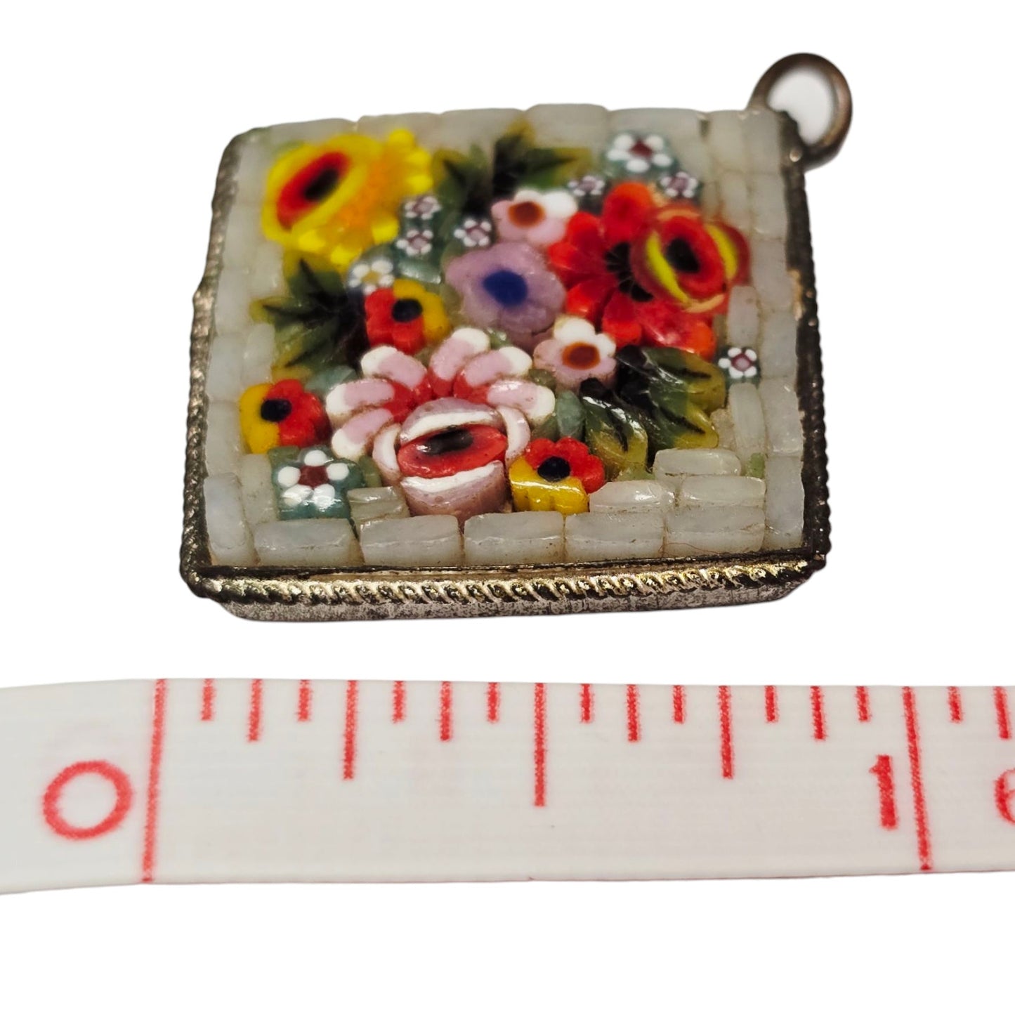 Italian Micro Mosiac Flower Pendant Marked Made in Italy Silver Plate Floral Red Yellow Pink