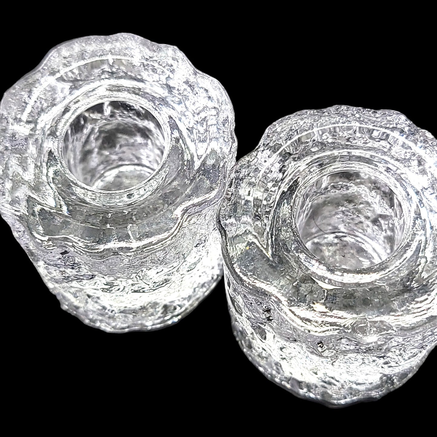 Textured Ice Glass Candle Holders, Ice Block Round Candlesticks, Set of Two 2" Japan