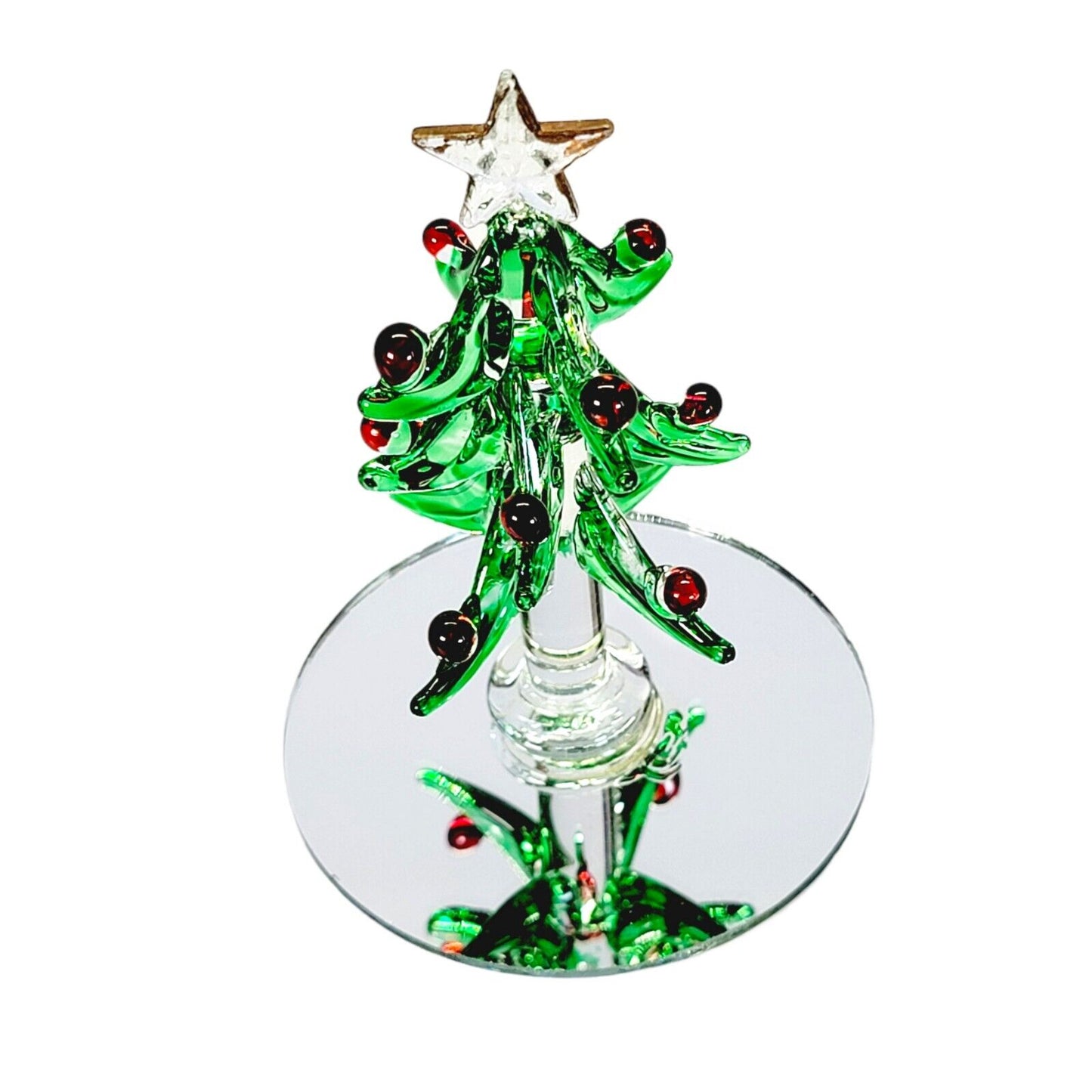 Vintage Spun Art Glass Christmas Tree with Mirror Base, Berries & Star, 3.25" H