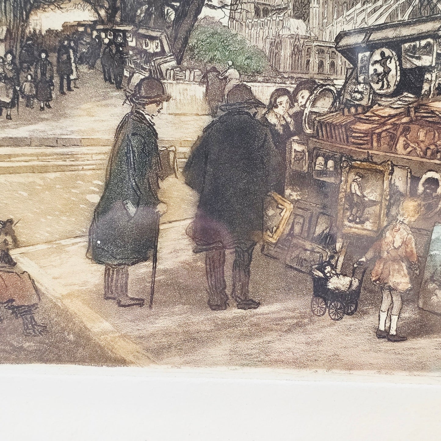 Signed Huberly Paris Scene HandColored Etching Marchands de gravures Notre Dame