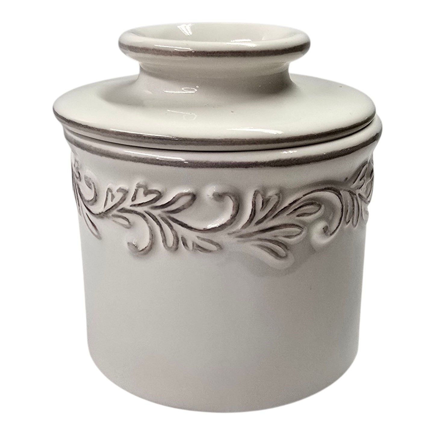 Butter Bell Crock Butter Keeper Stoneware Ceramic L. Tremain 2013 White Embossed