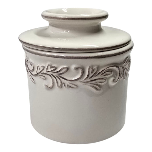 Butter Bell Crock Butter Keeper Stoneware Ceramic L. Tremain 2013 White Embossed