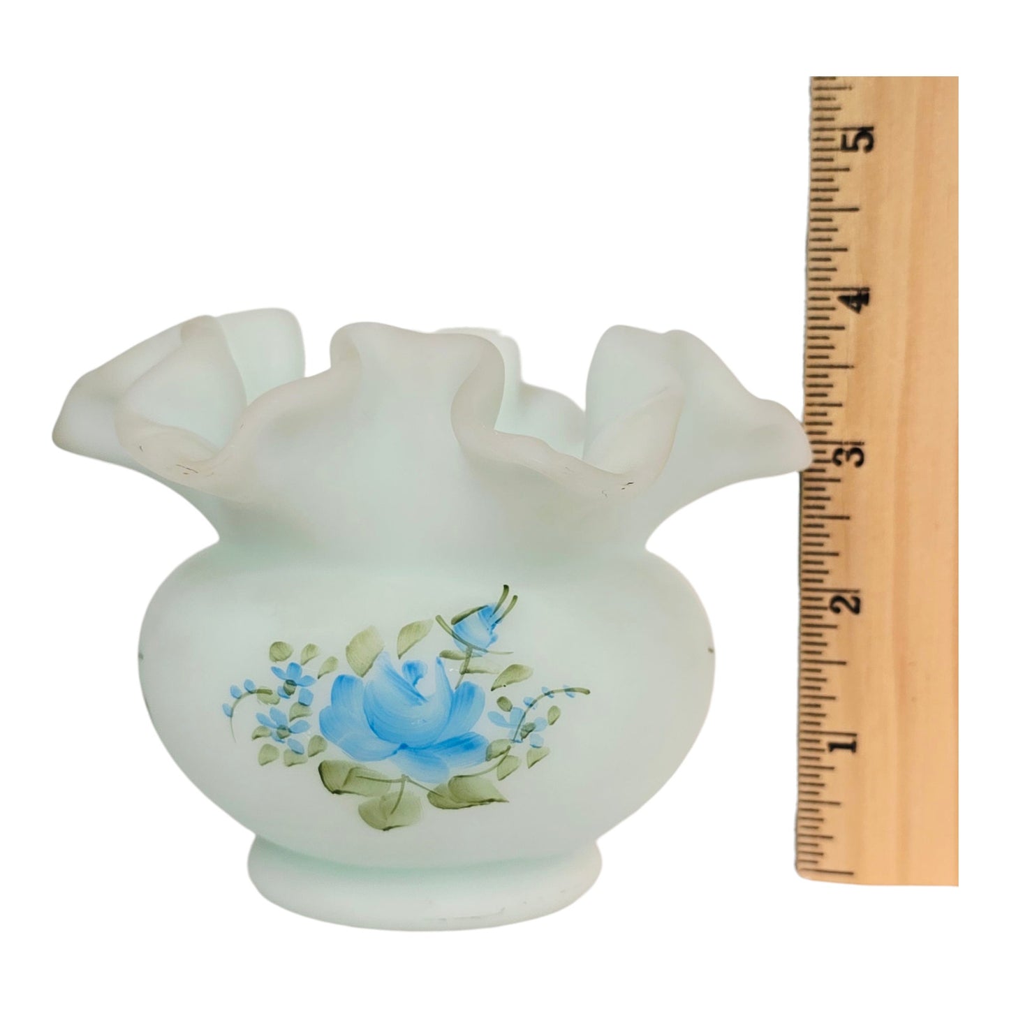 Fenton Blue Roses on Blue Satin Glass Rose Bowl - Signed