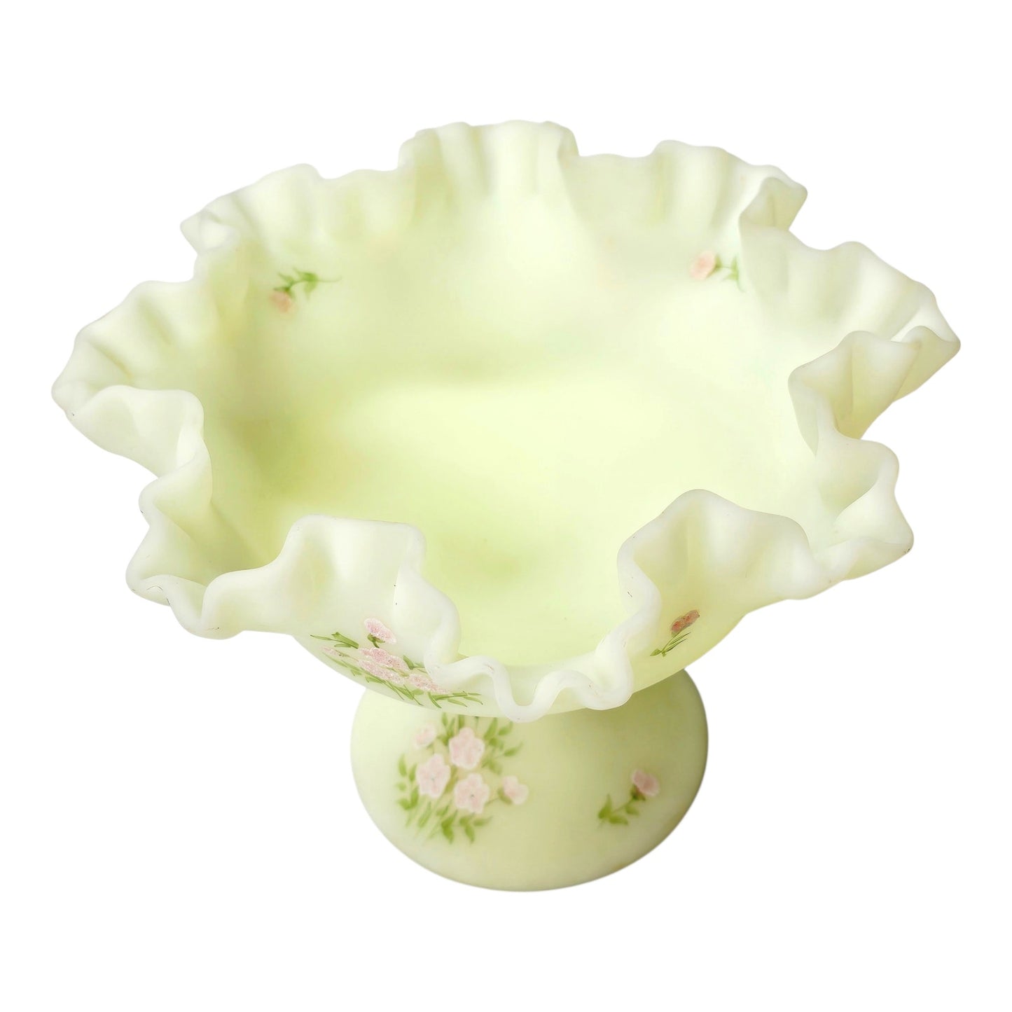 Fenton Custard Uranium Glass Compote Hand Painted Floral Strong Glow Signed