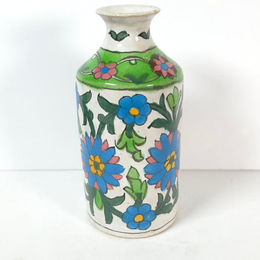 Scandinavian Style Floral Pottery Vase Blue Green Hand Painted Rim Chip