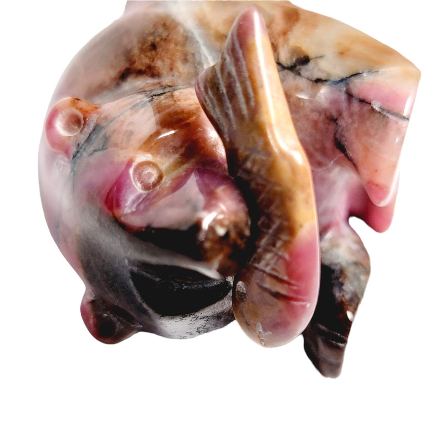 Hand Carved Stone Rhodonite Bear with Fish