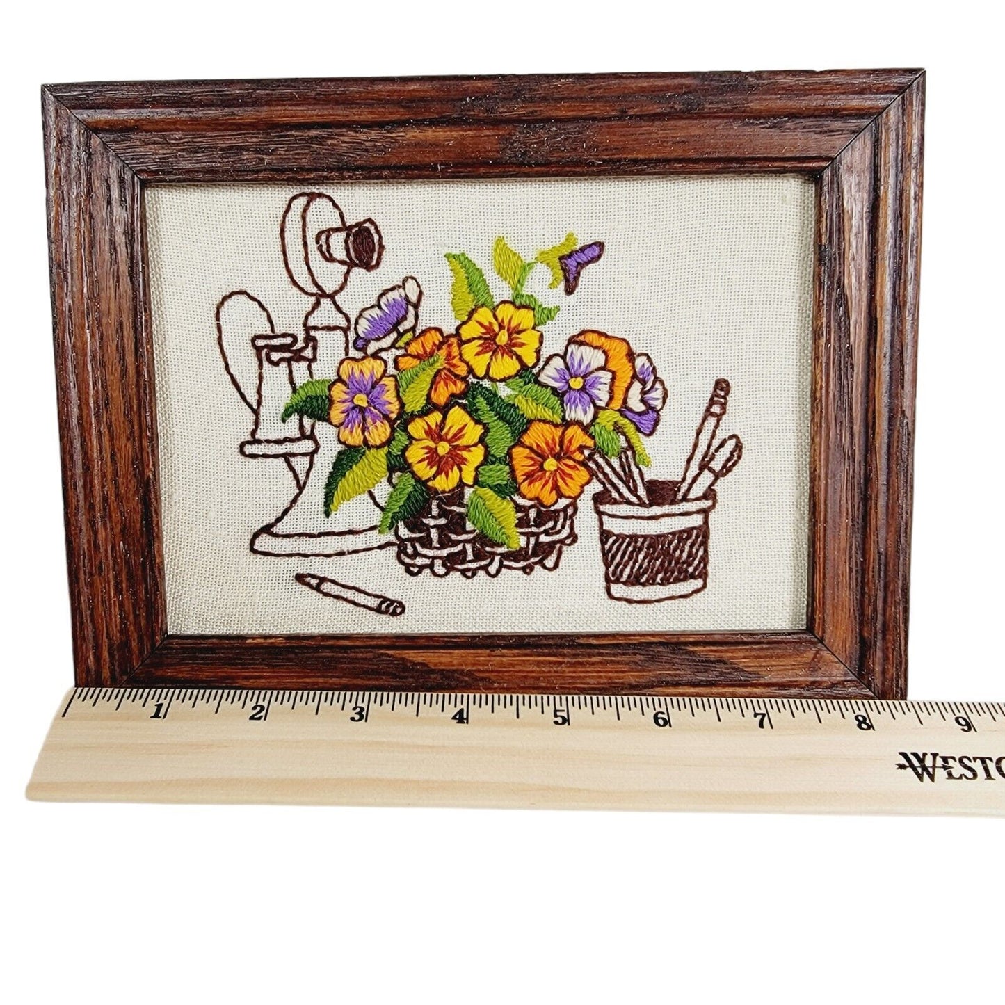 Vtg Framed Pansies Floral Needlepoint Crewel Embroidery Art Flowers Phone Pencil