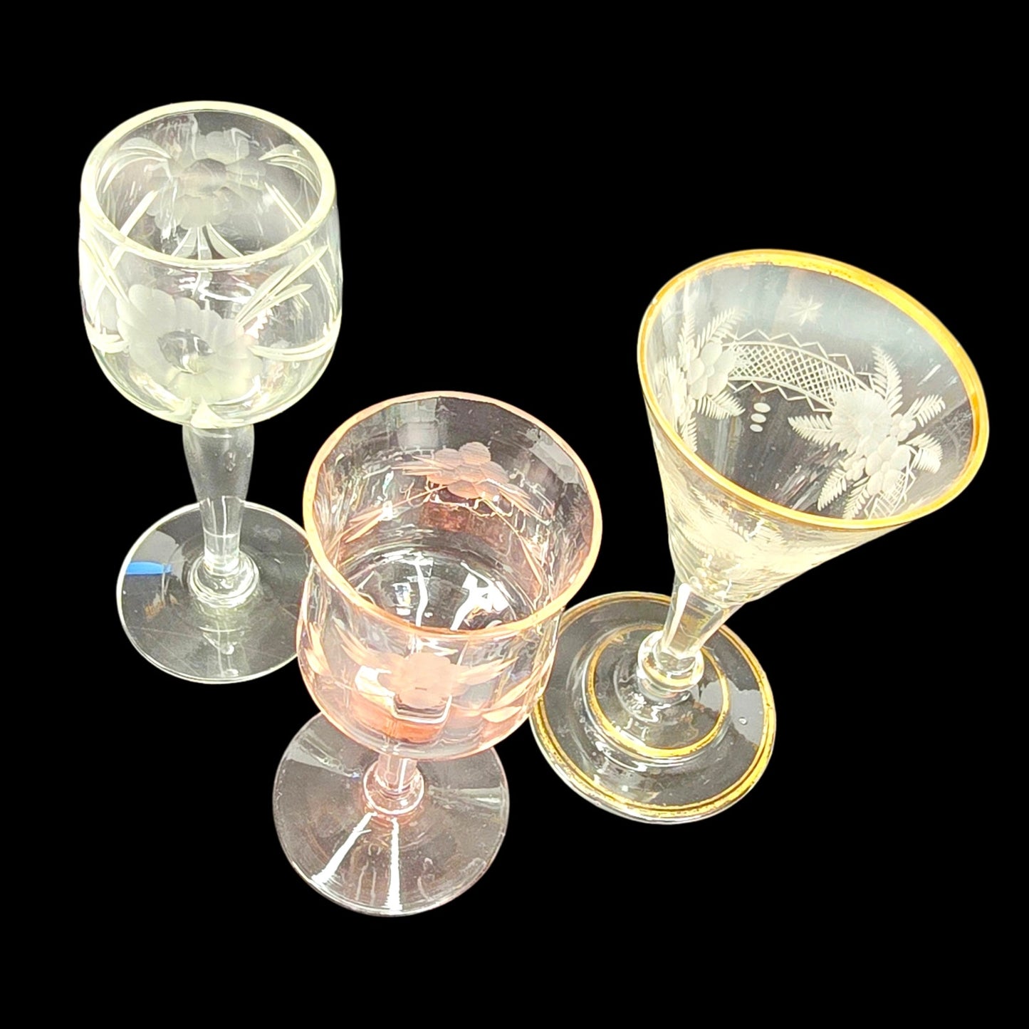 Trio of Petite Vtg Cordial Glasses Mismatched Minitature Liqueur Glass Set Read