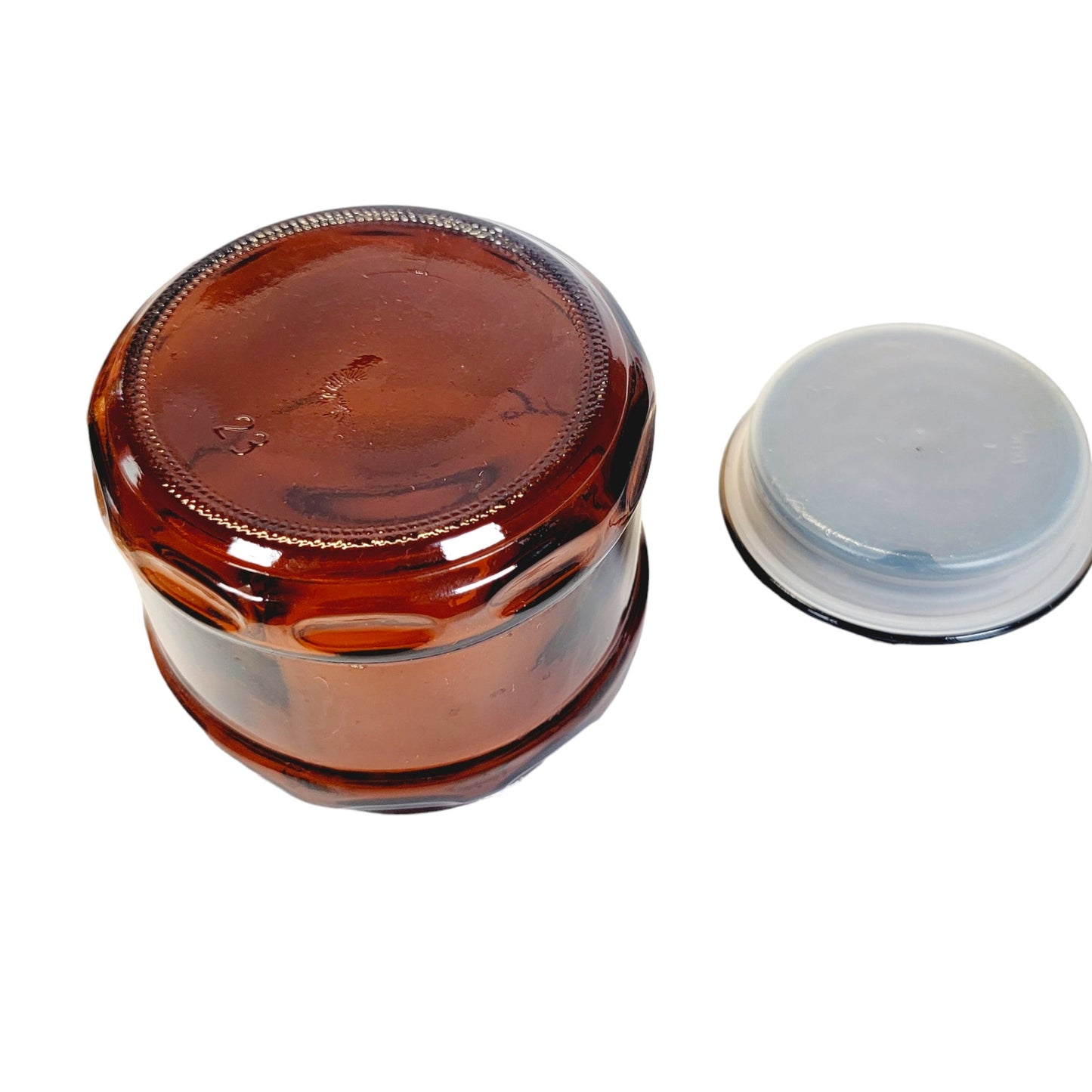 Vintage Dark Amber Brown Glass Apothecary Canister Spice Jar Starburst lid 4.25”