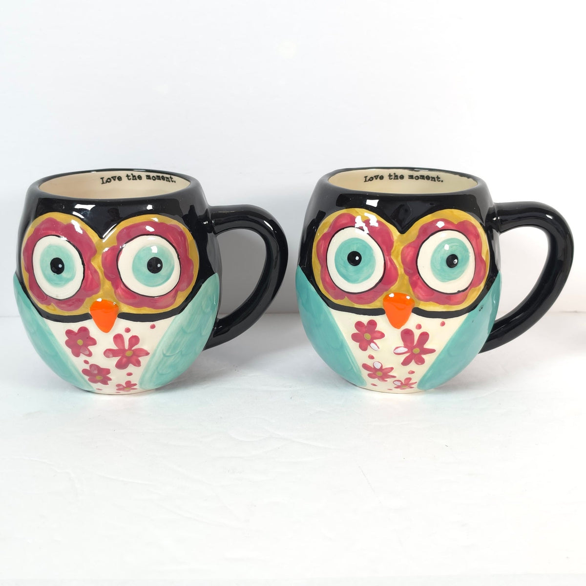 Natural Life Owl Coffee Mugs Set of 2 Love the Moment Black Turquoise