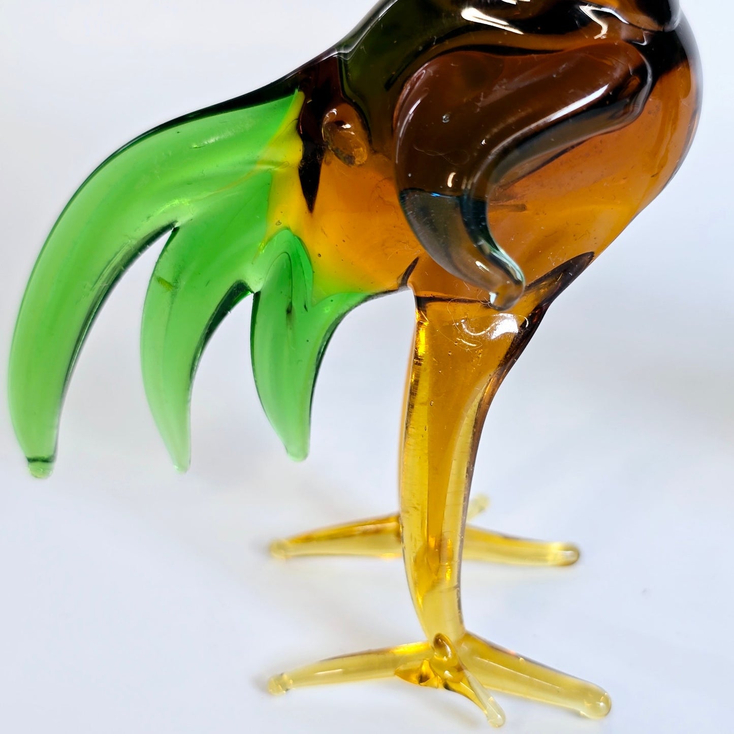 Handblown Pair of Red, Yellow, Blue, Green, Amber, Orange Art Glass Roosters, Stretch Glass Roosters