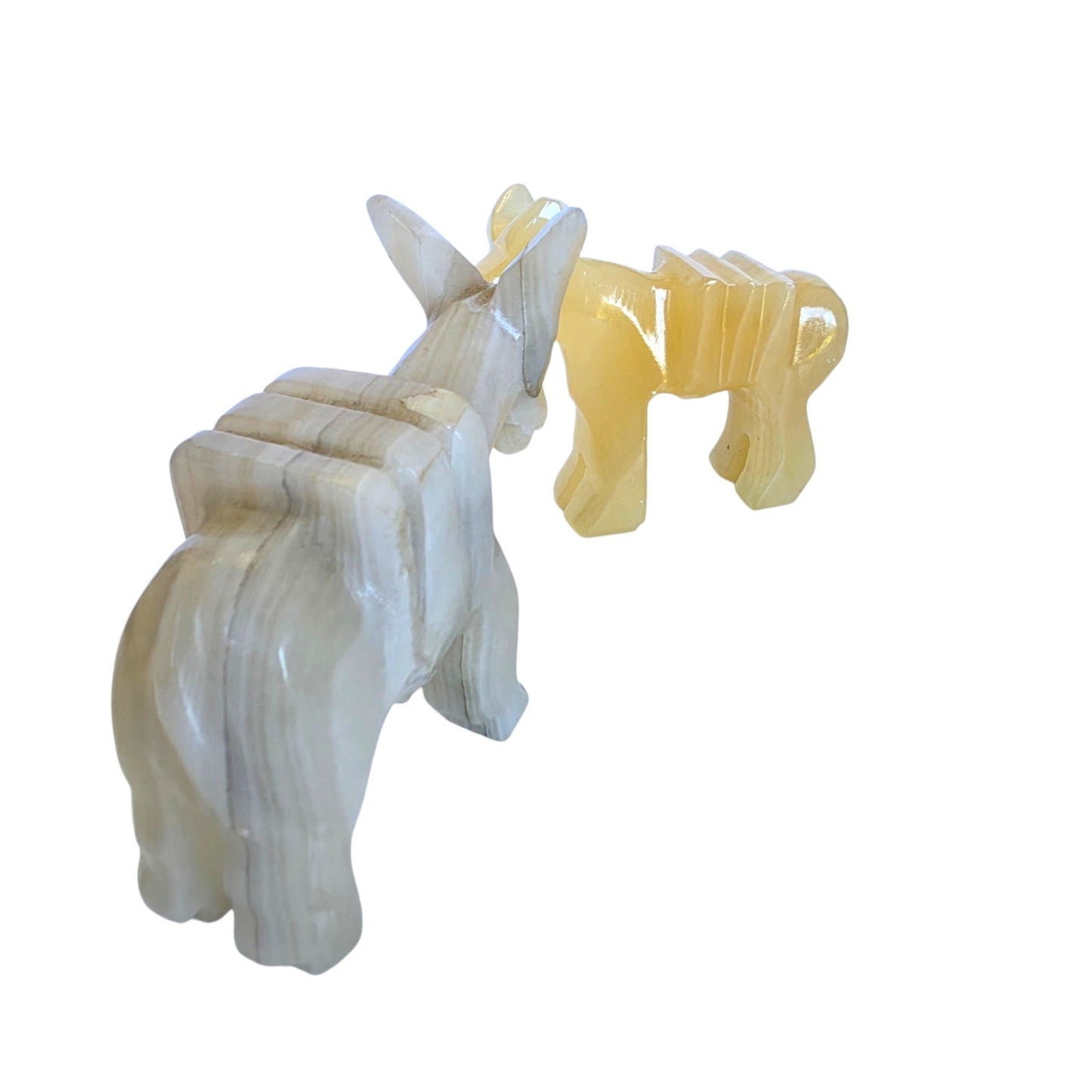 Vtg Carved Onyx Alabaster Donkey Figurines Pair UV Reactive Stone Nativity Piece
