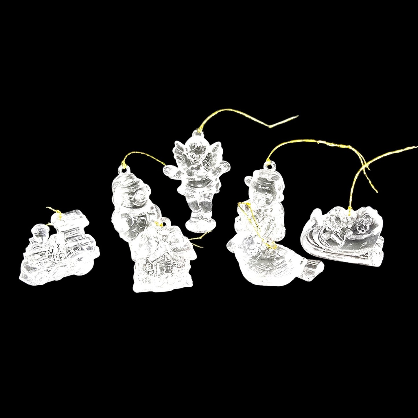 Set of 7 Vintage Miniature Clear Acrylic Christmas Ornaments