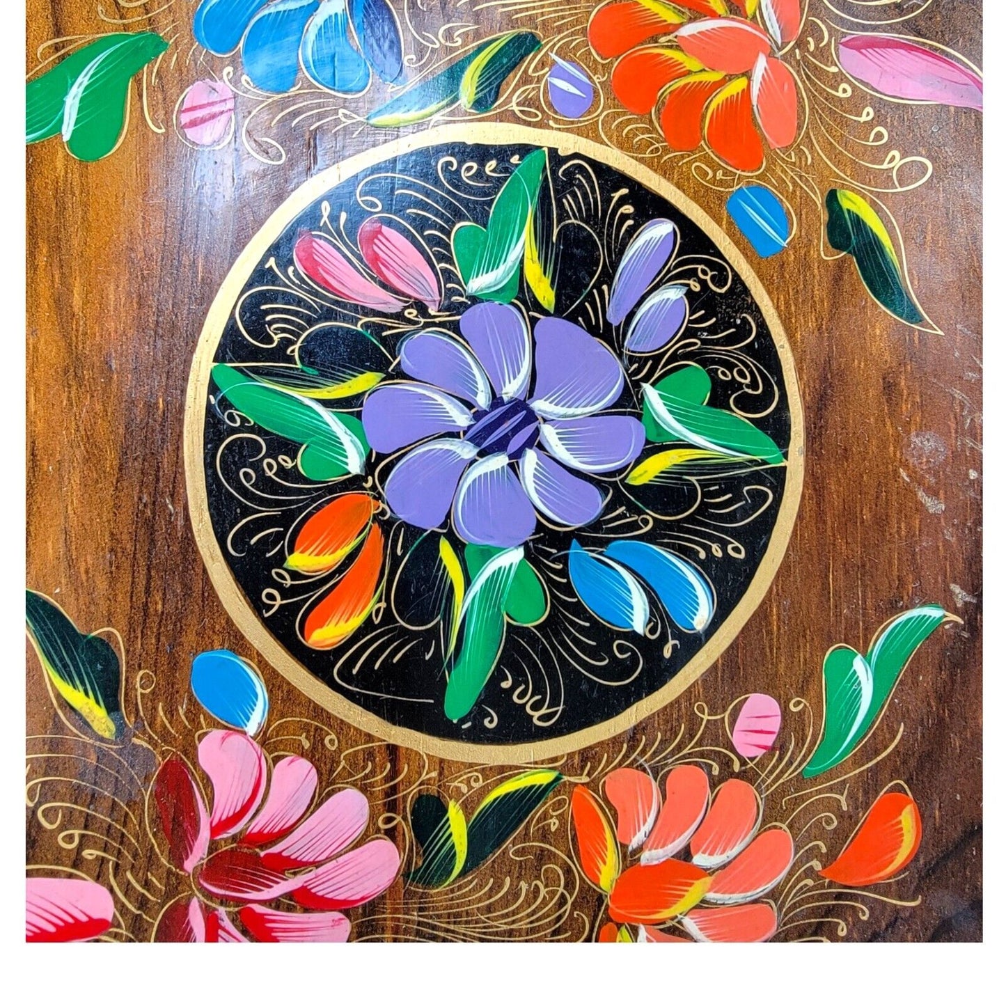 Mexican Folk Art Batea Wooden Tray, Oval Hand painted Floral, Rustic Wooden Tray