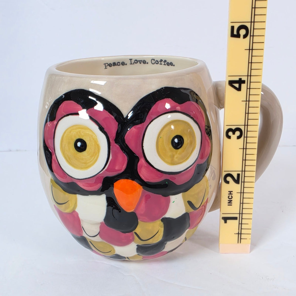 Natural Life Owl Coffee Mugs Set of 2 Peace Love Coffee Cream Colorful