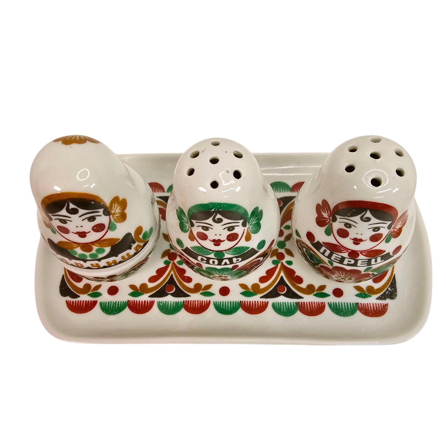 Gardner Verbilki Russian Porcelain Matryoshka Condiment Set Salt Pepper Mustard