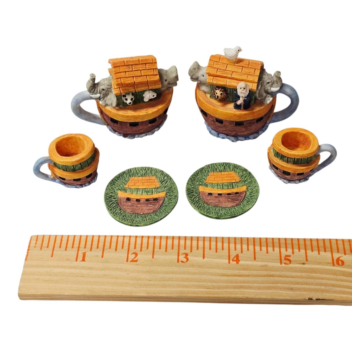 Miniature Ceramic Noah's Ark Tea Set 6pc Hand-painted Animals 2 Teapots Figurine