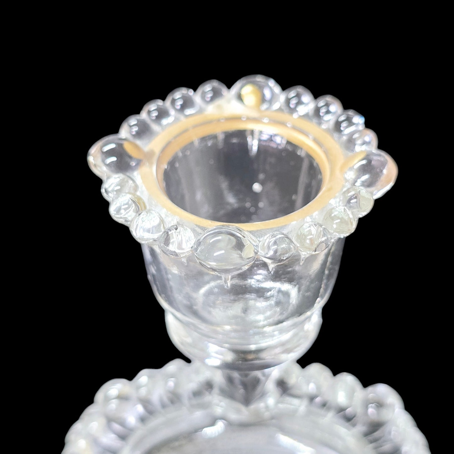 Vintage Ornate Floral Etched Glass Candle Holder, Gold Trim, Flower Medalion