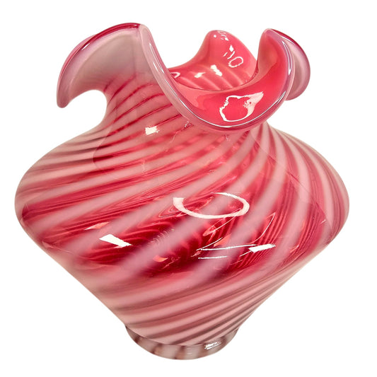 Fenton Cranberry Opalescent Swirl Glass Vase Ruffled Rim Vintage Pink