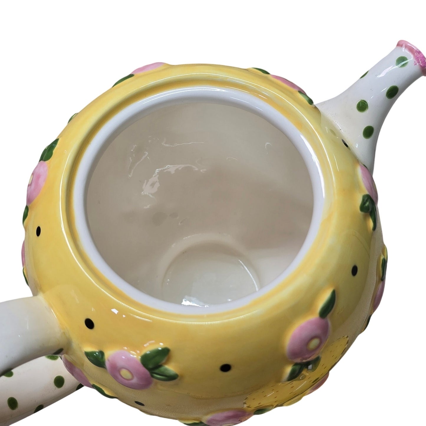 AS IS VTG 1997 ME Mary Engelbreit Ceramic Teapot, Yellow Pink Flower 8”, Flaw