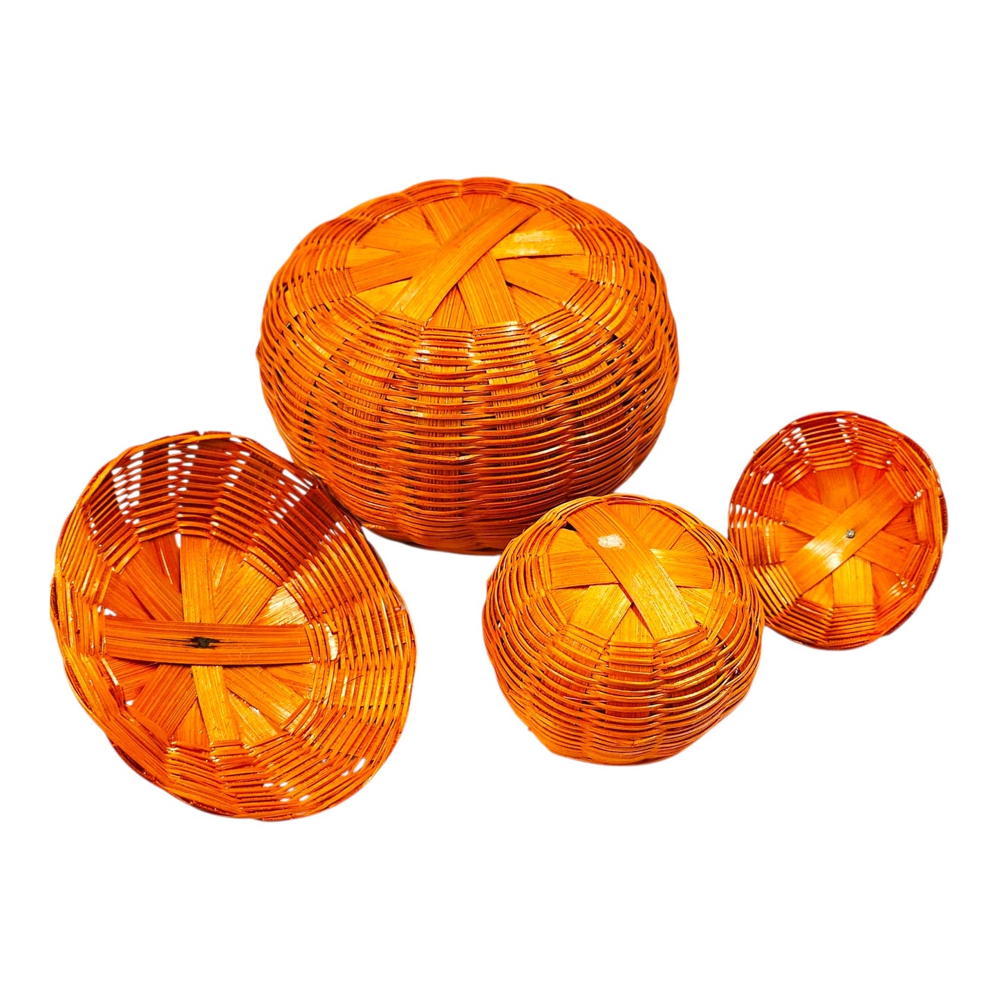 Set of 2 Woven Pumpkin Basket Containers with Lids Fall Farmhouse Halloween Nesting